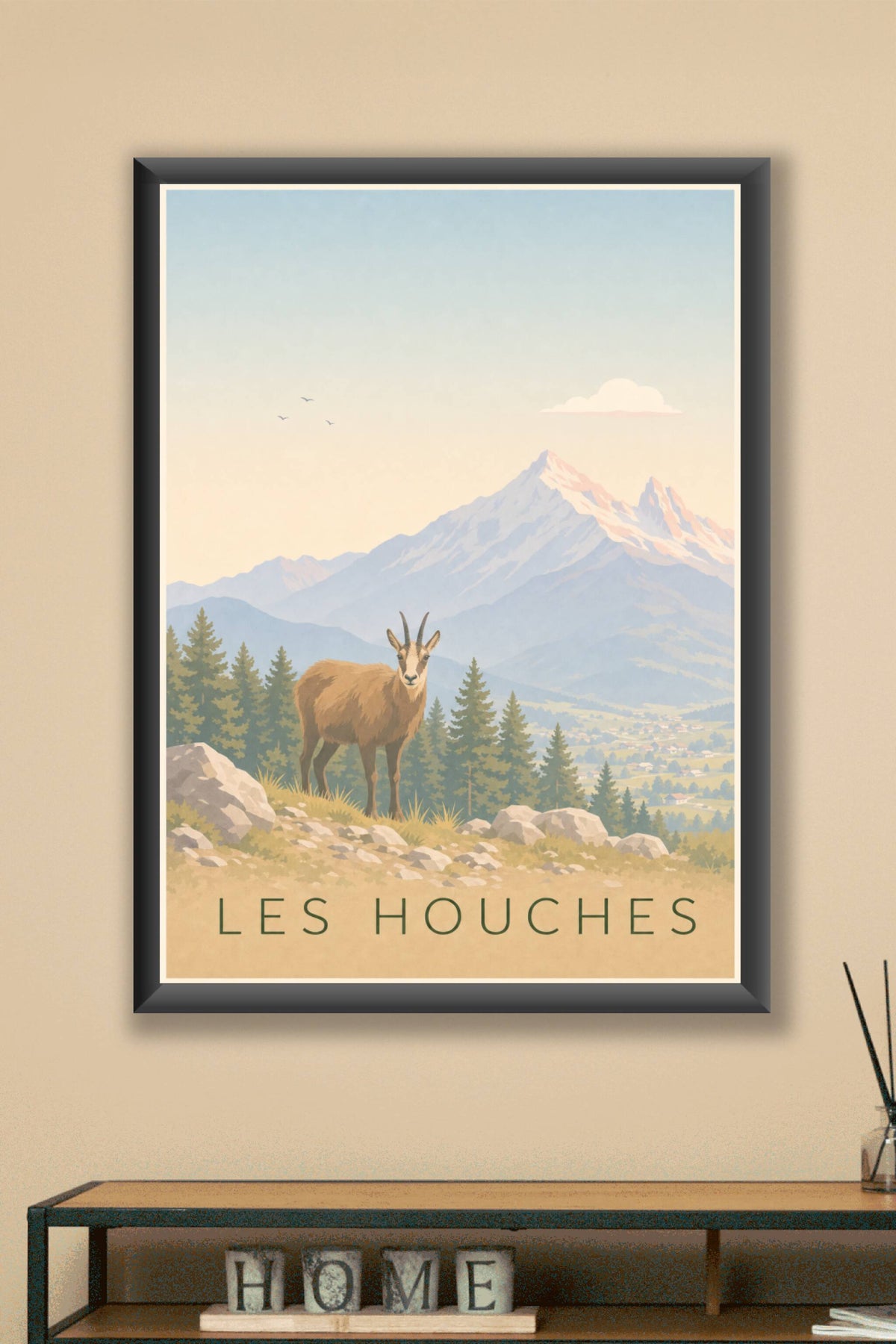 Poster des Houches, affiche chamois en montagne