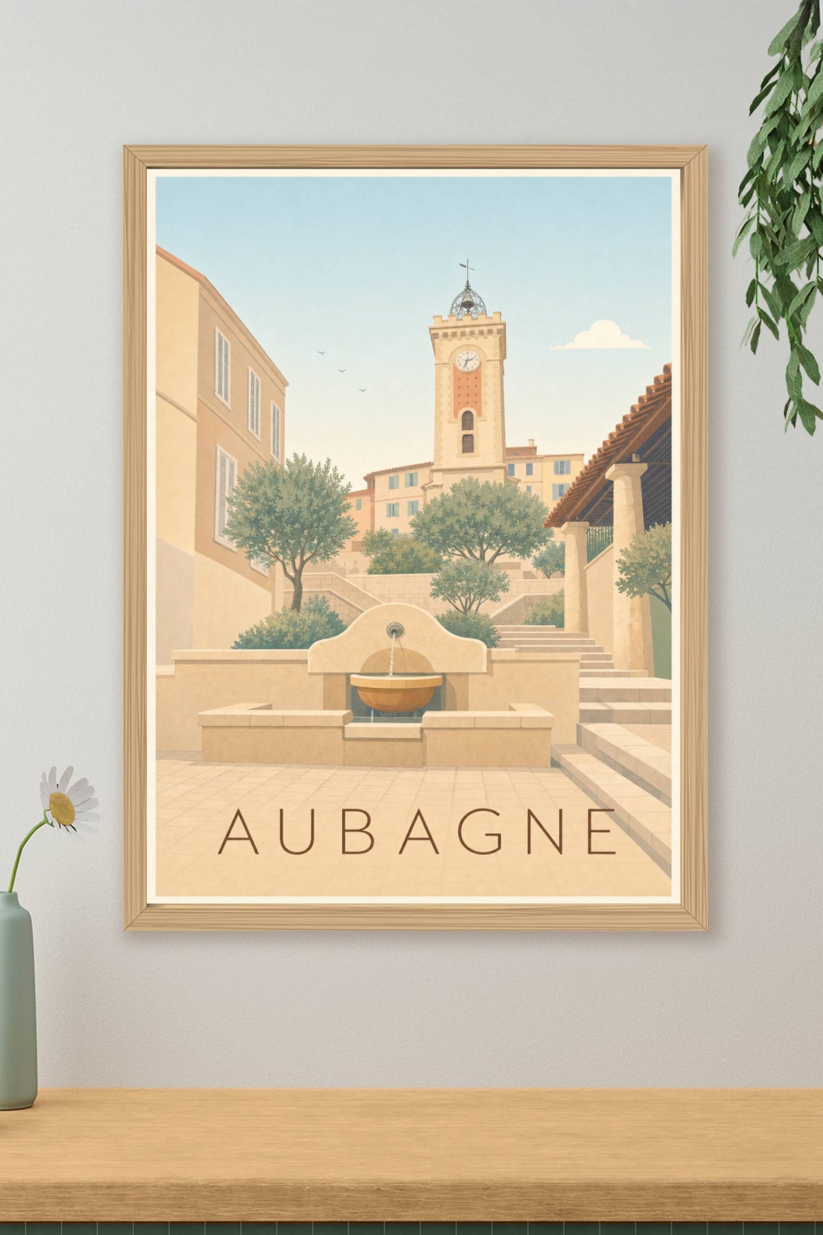 Affiche d'Aubagne, poster clocher et fontaine