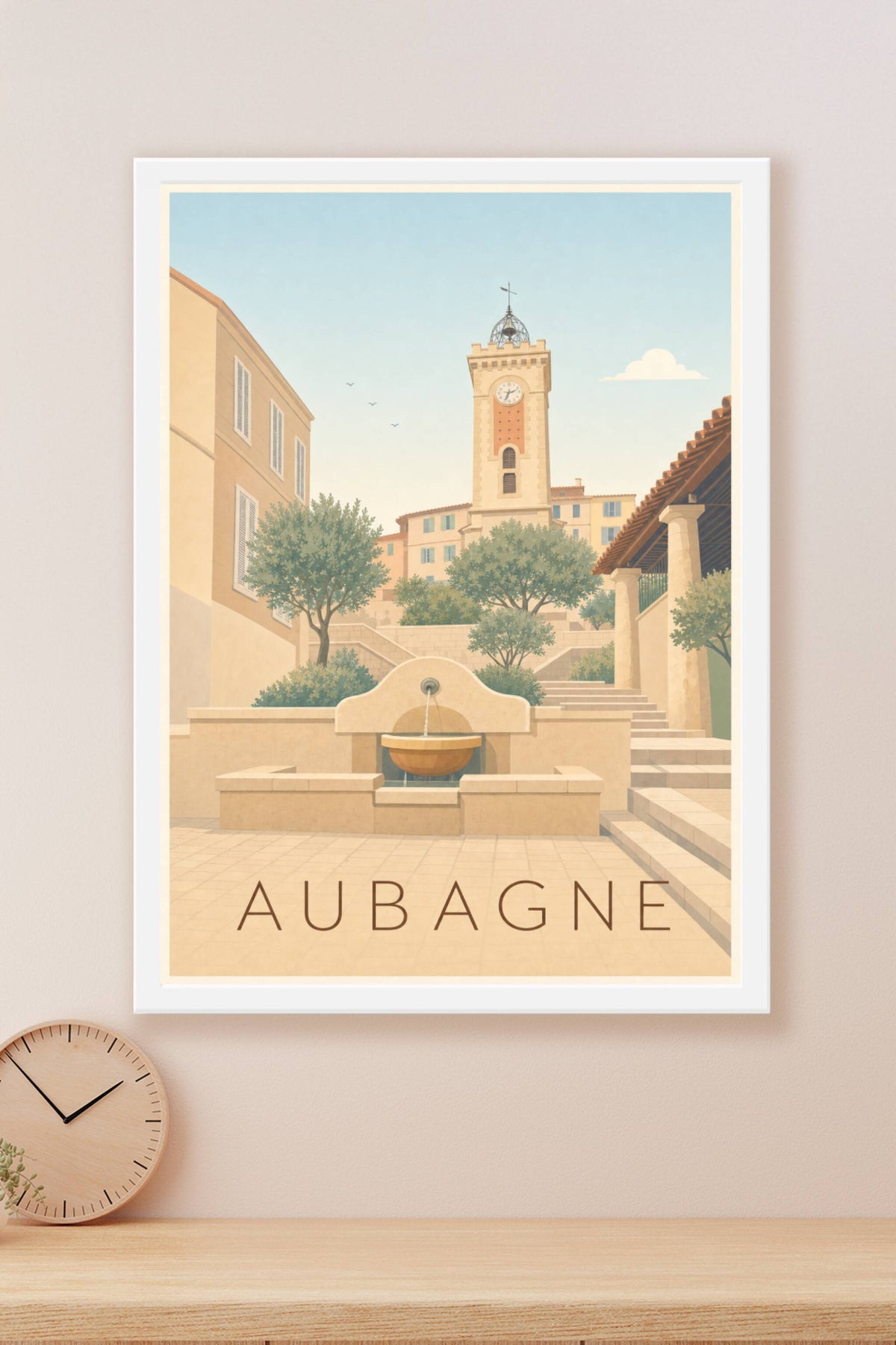Affiche d'Aubagne, poster clocher et fontaine
