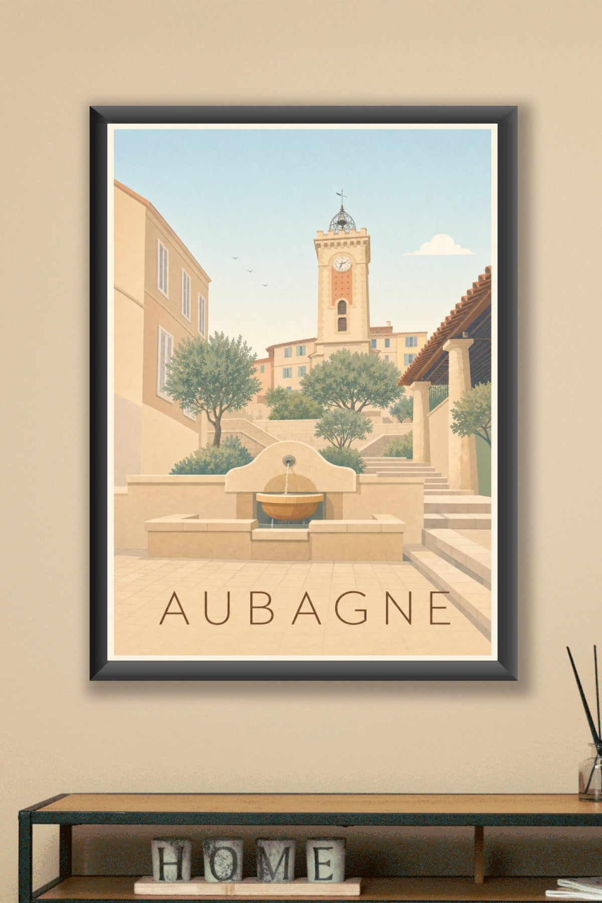 Affiche d'Aubagne, poster clocher et fontaine