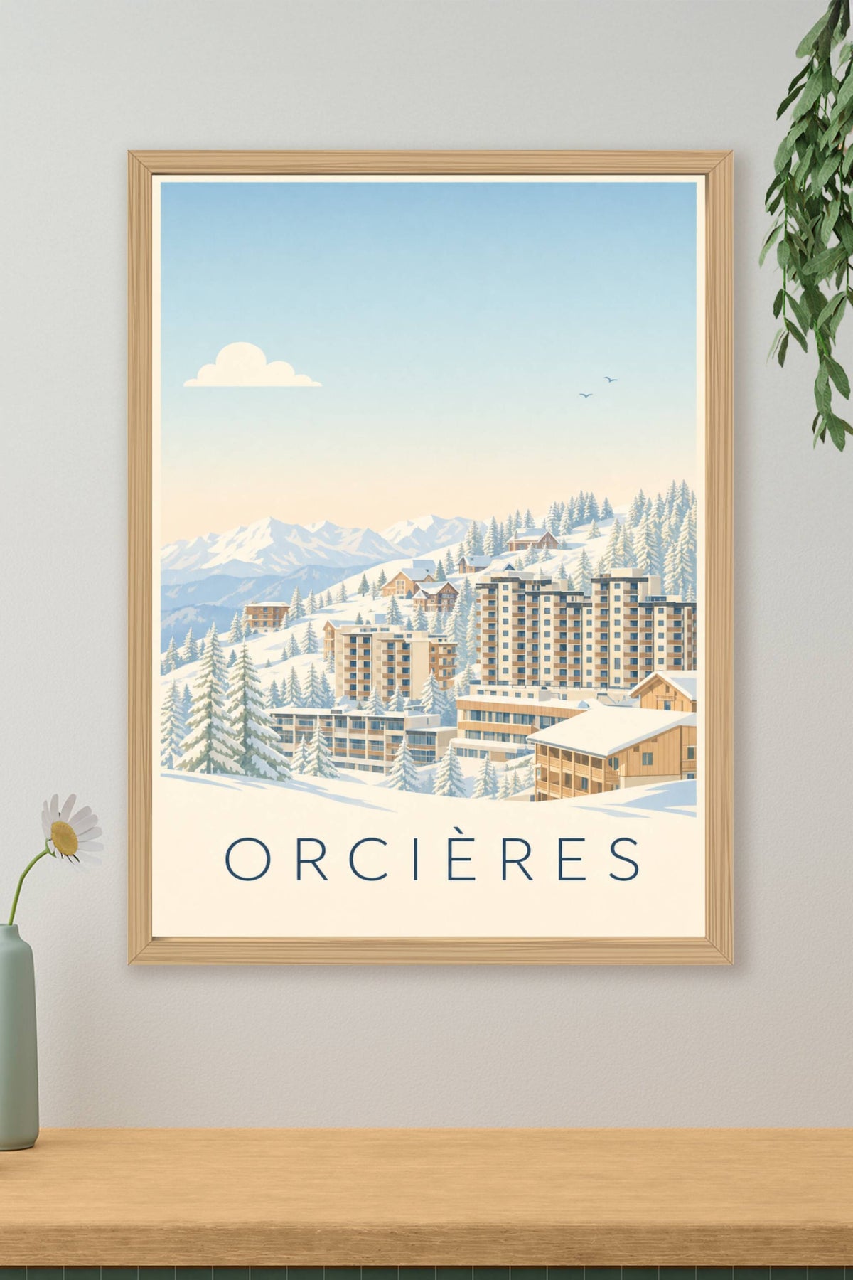 Affiche d'Orcières, poster chalets enneigés