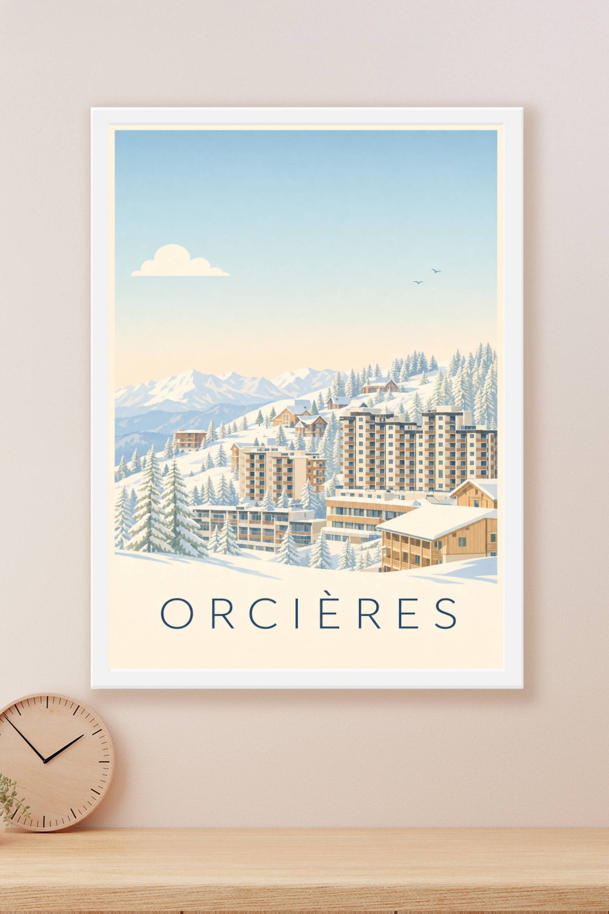 Affiche d'Orcières, poster chalets enneigés