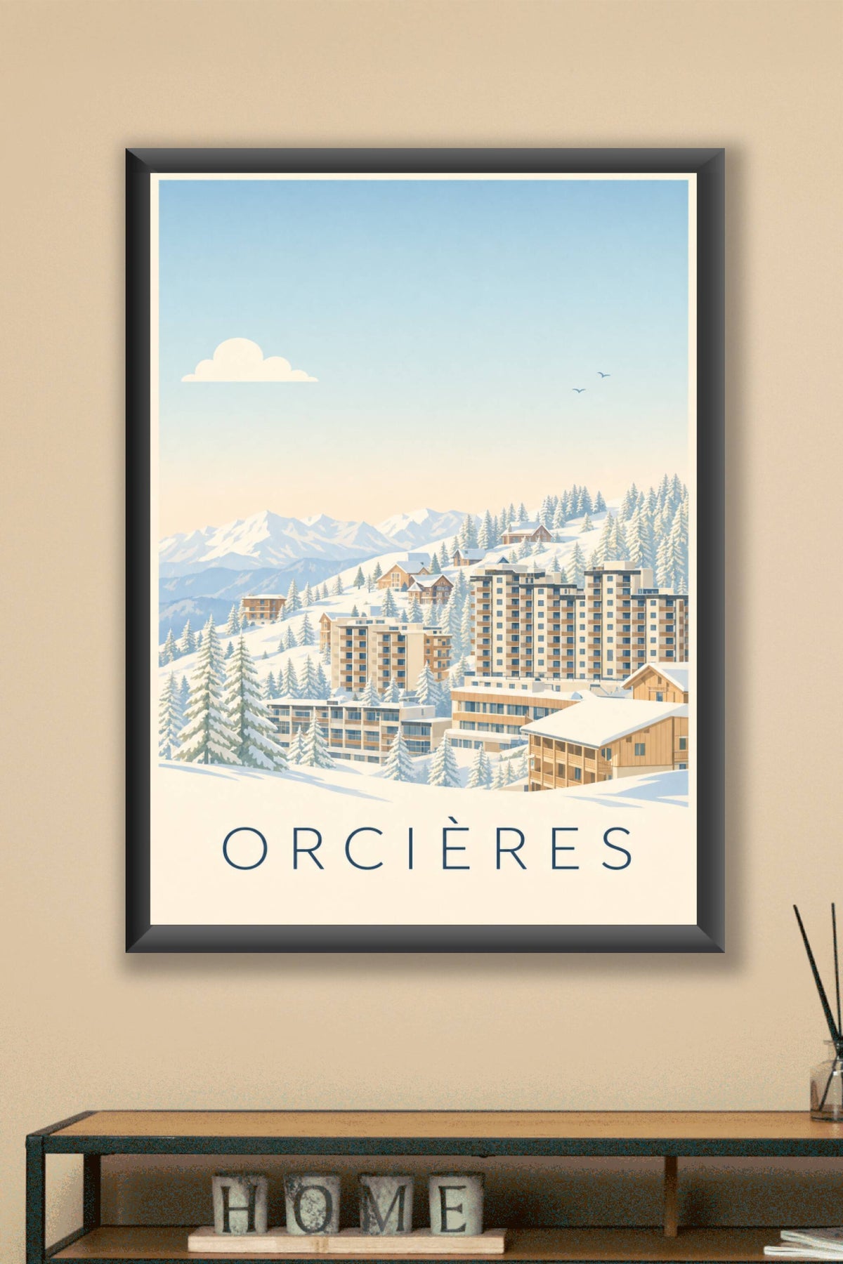 Affiche d'Orcières, poster chalets enneigés