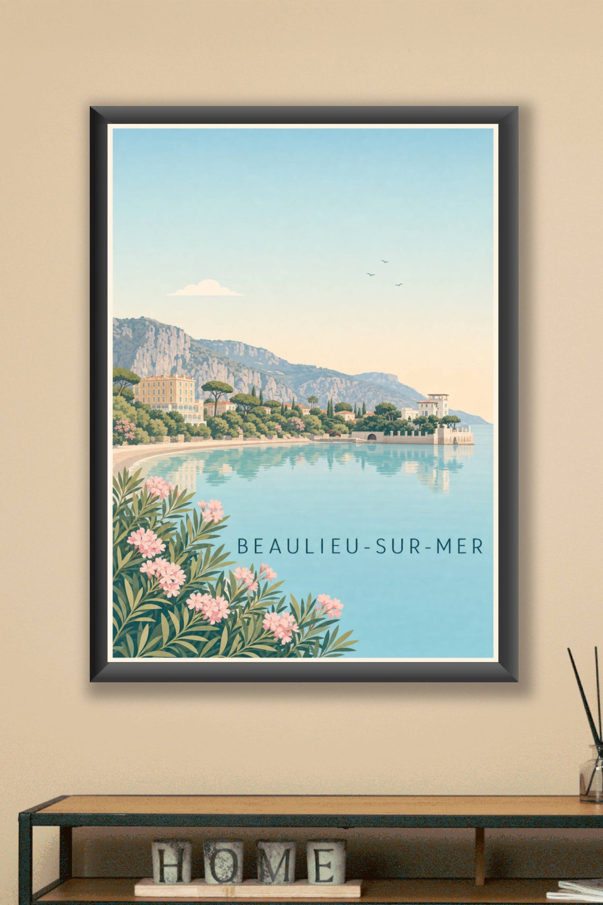 Affiche Beaulieu-sur-Mer, poster baie et montagnes