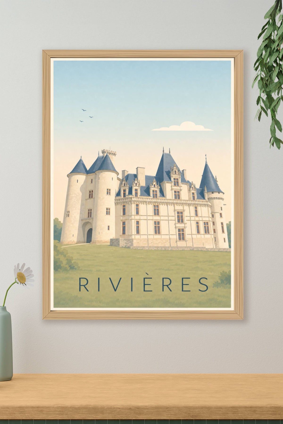 Affiche de Rivières, poster château et toits bleus