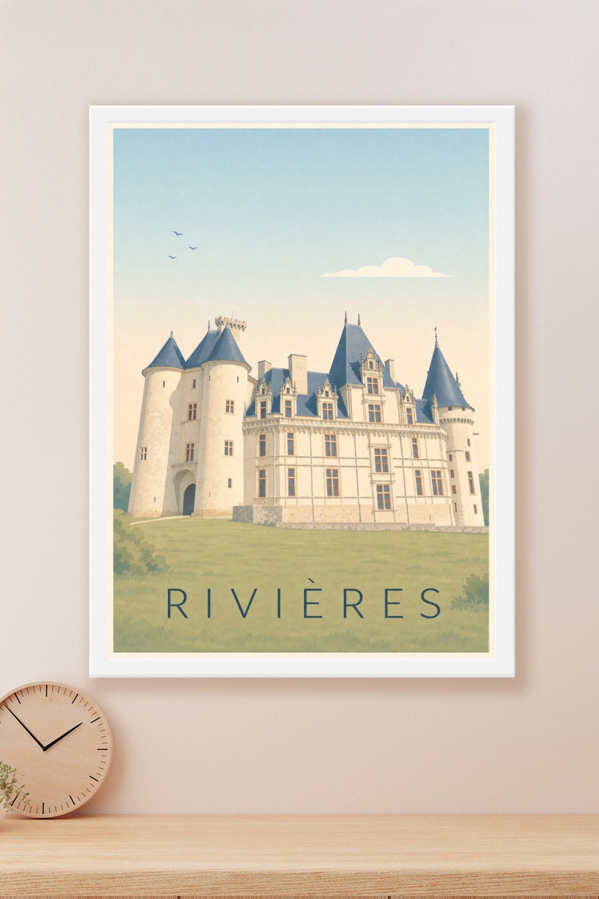Affiche de Rivières, poster château et toits bleus