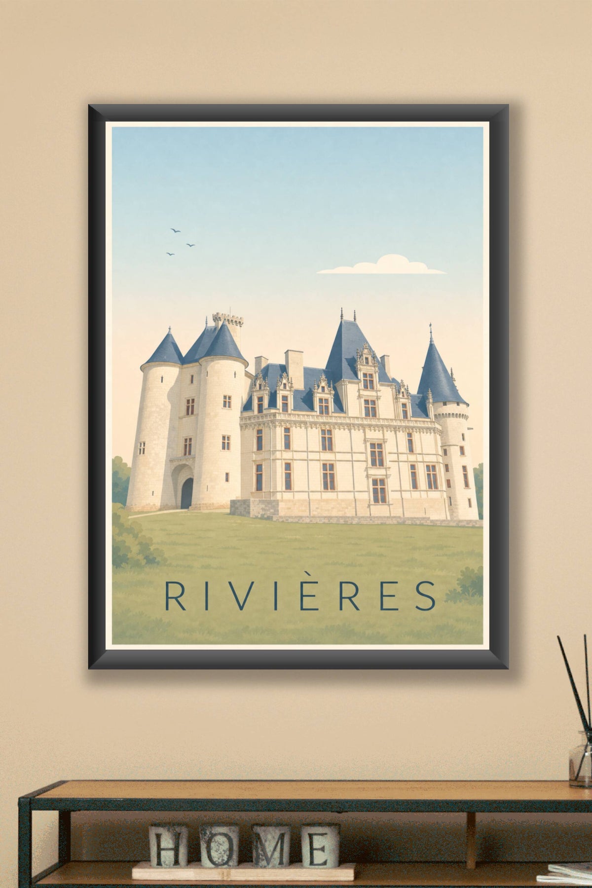 Affiche de Rivières, poster château et toits bleus