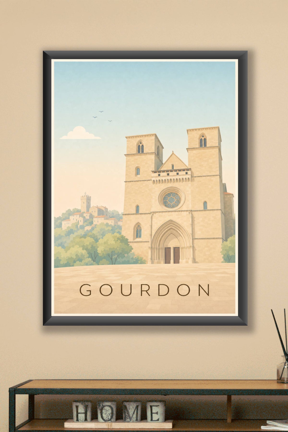 Affiche de Gourdon, poster église médiévale