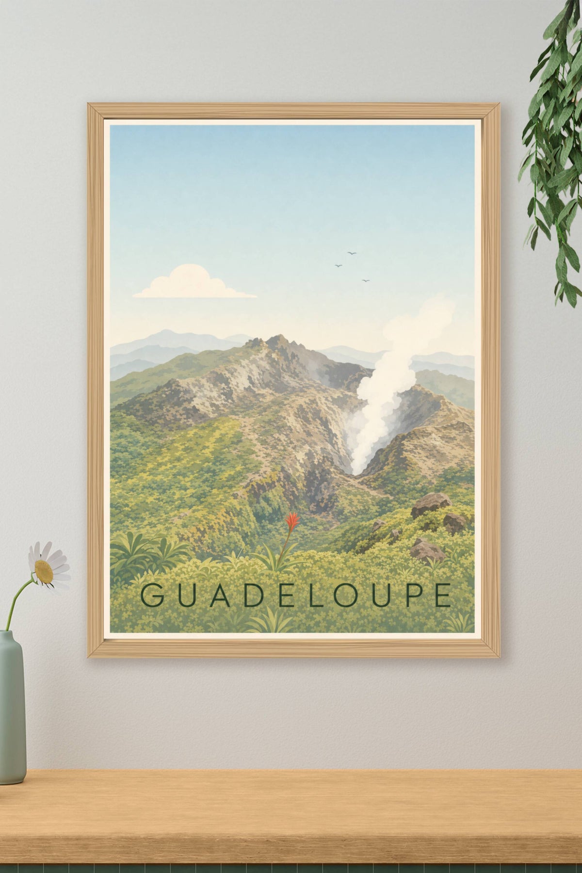 Affiche de la Guadeloupe, poster volcan calme
