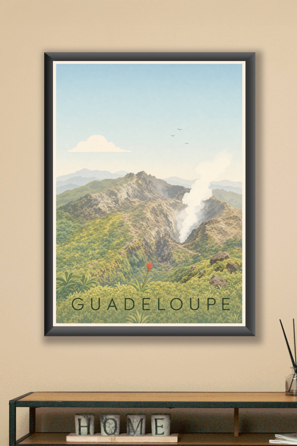 Affiche de la Guadeloupe, poster volcan calme