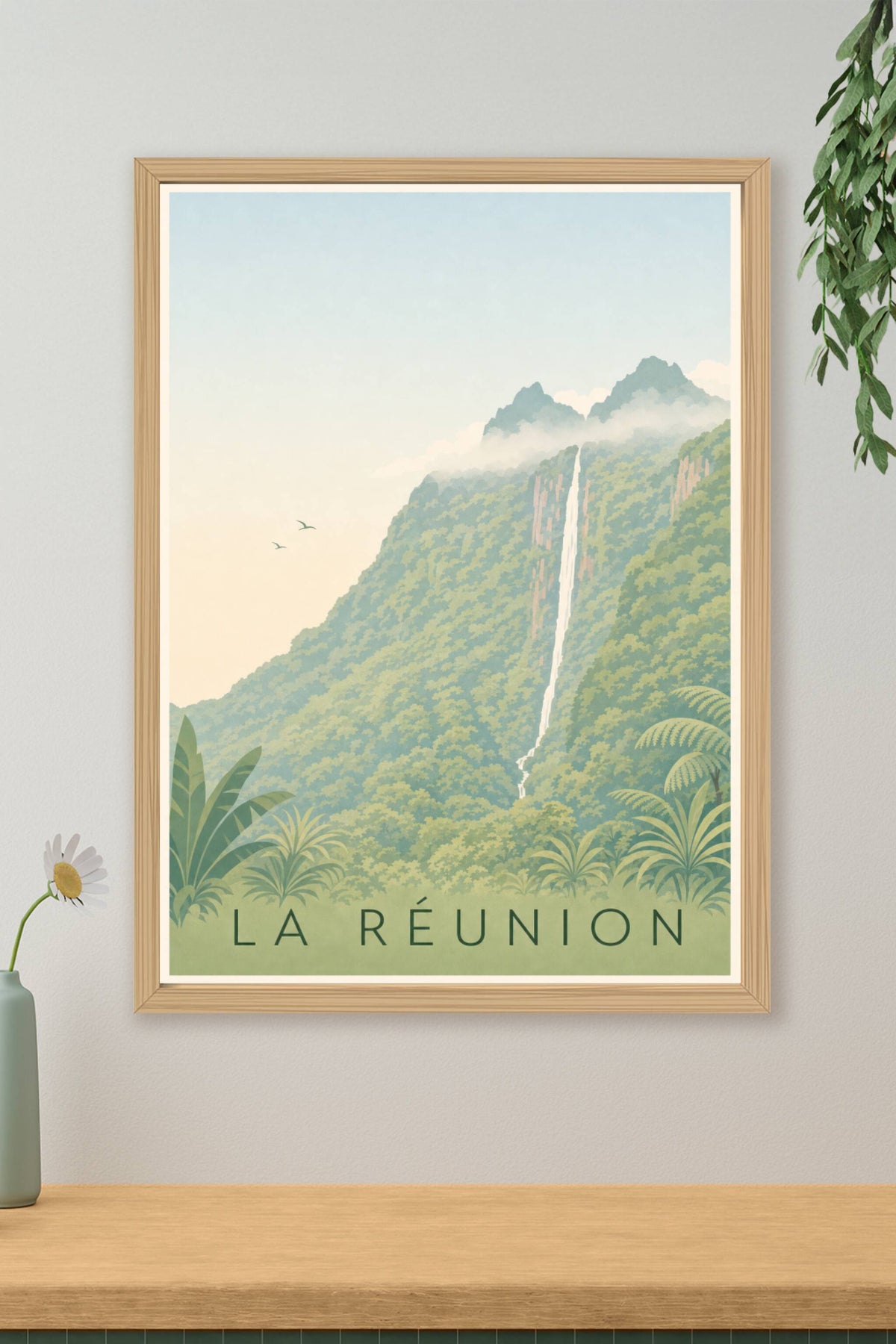 Affiche de La Réunion, poster cascade tropicale