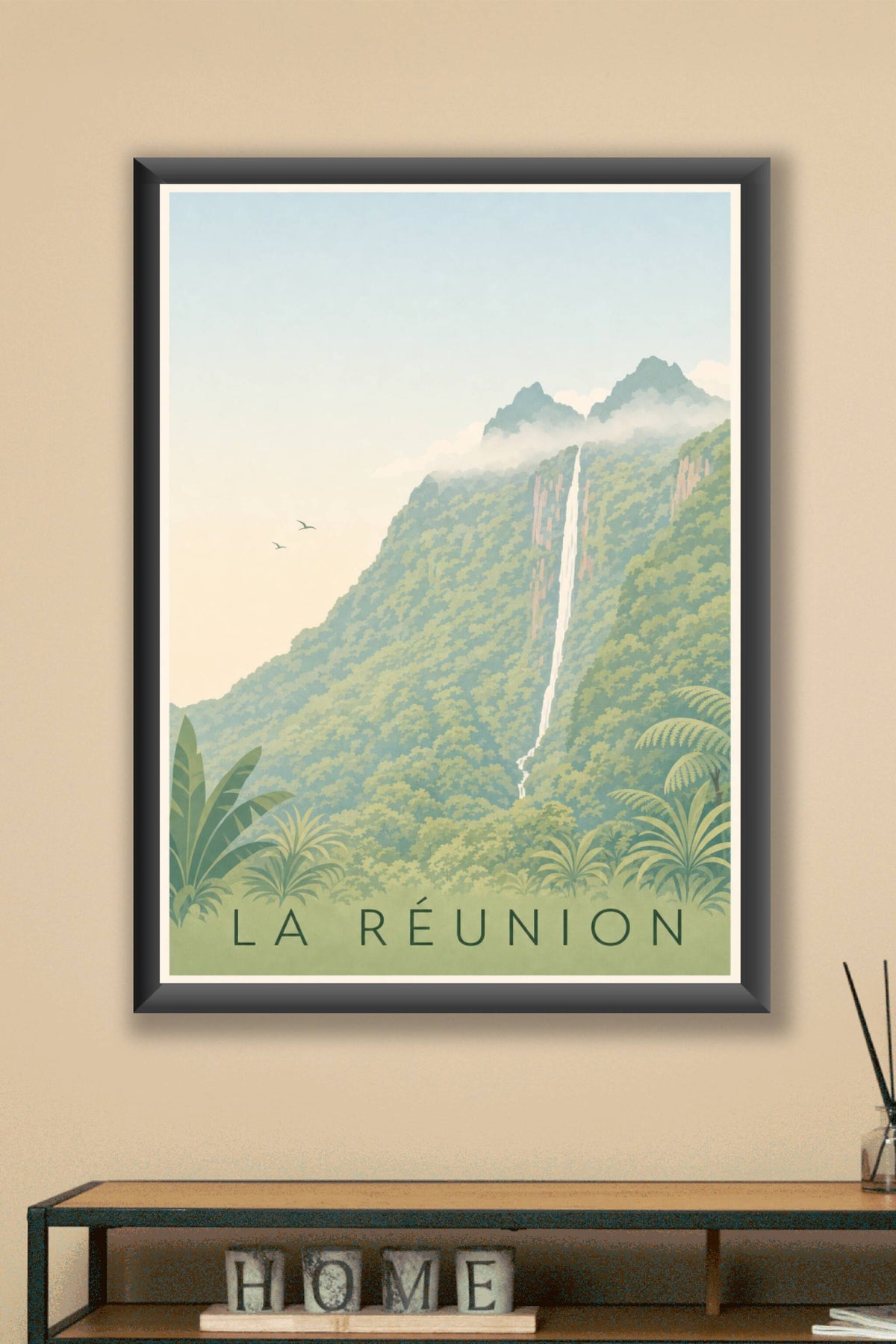 Affiche de La Réunion, poster cascade tropicale