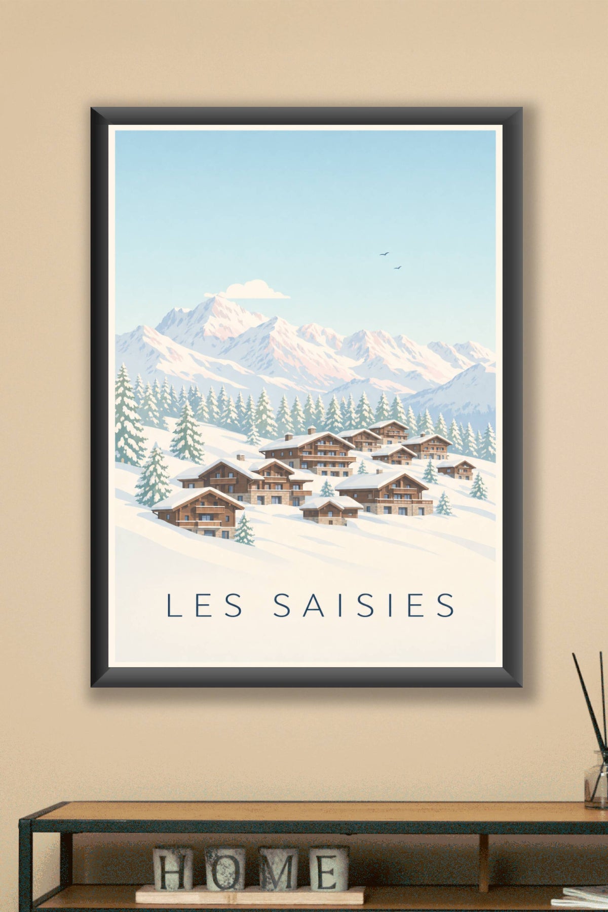 Affiche des Saisies, poster chalets de montagne
