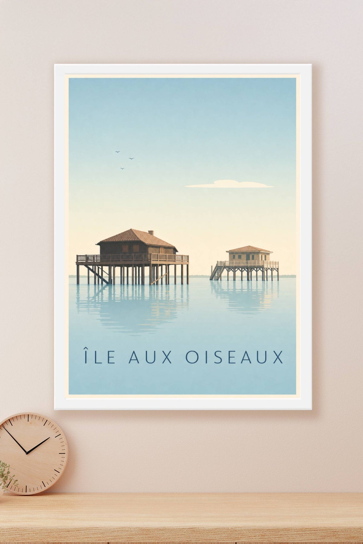 Affiche de l'Île aux Oiseaux, cabanes tchanquées