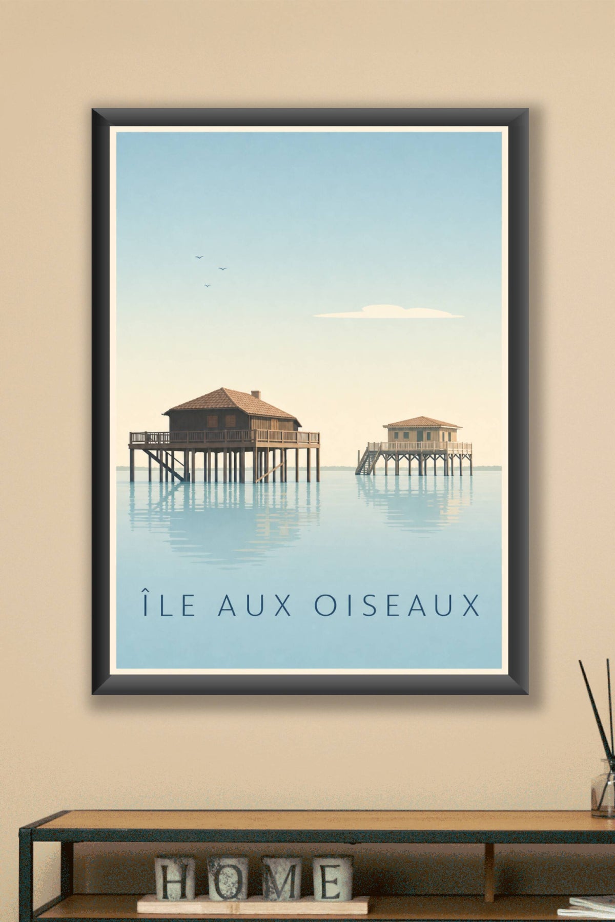 Affiche de l'Île aux Oiseaux, cabanes tchanquées