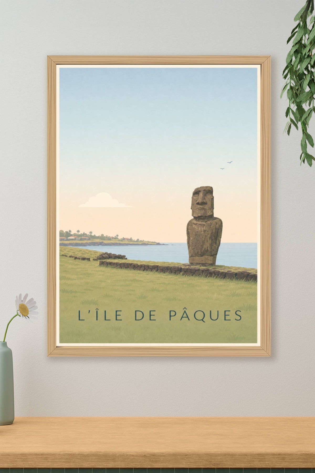 Affiche de l'Île de Pâques, poster Moaï et océan
