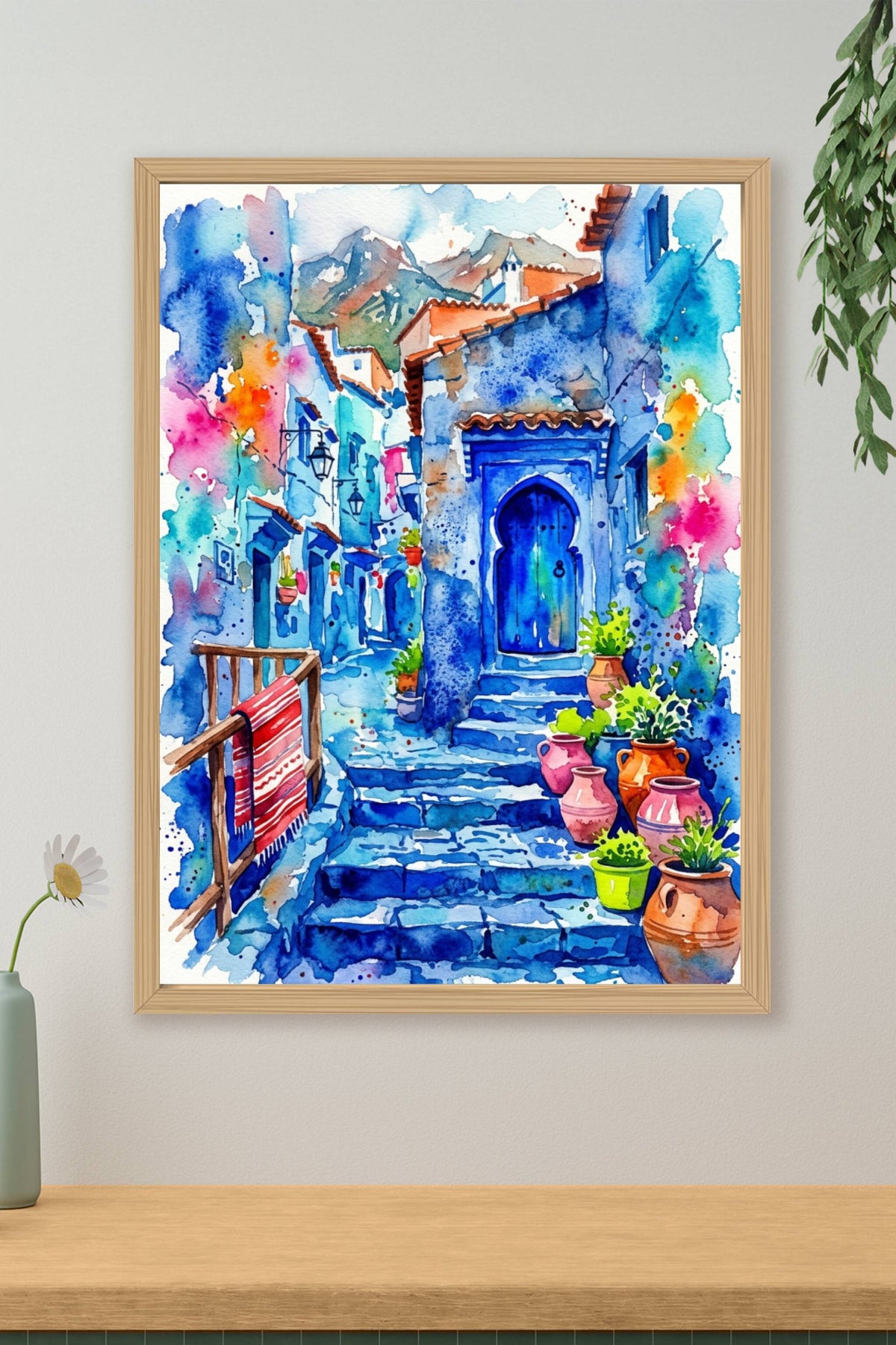 Poster de Chefchaouen, ruelles bleues et poteries du Maroc