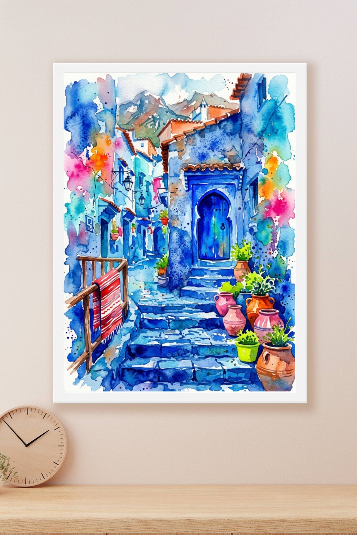Poster de Chefchaouen, ruelles bleues et poteries du Maroc