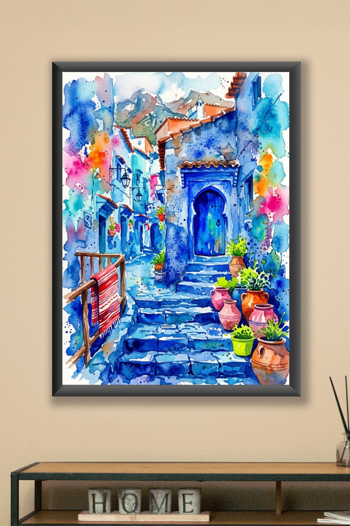 Poster de Chefchaouen, ruelles bleues et poteries du Maroc