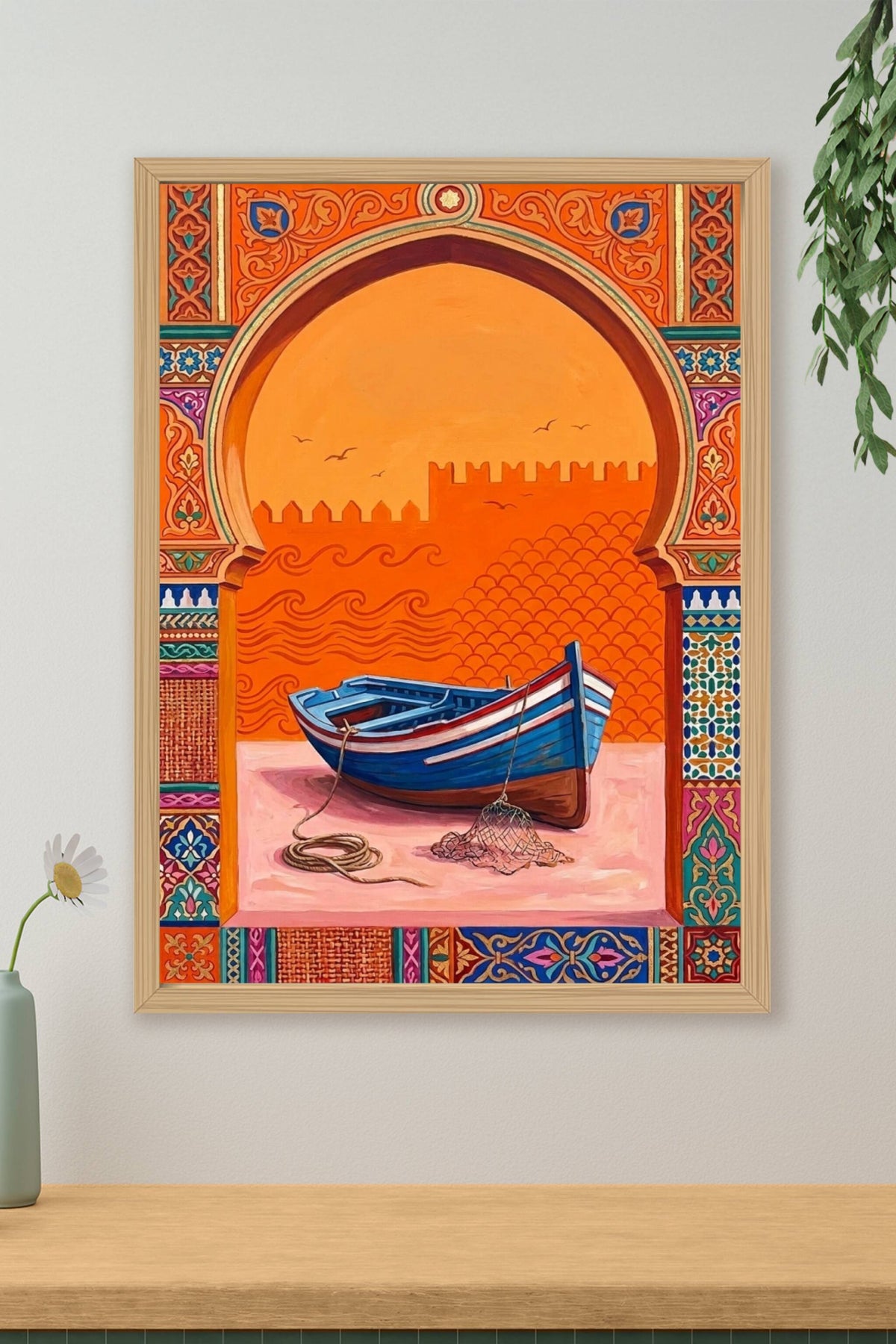 Affiche du Maroc, barque bleue et motifs géométriques