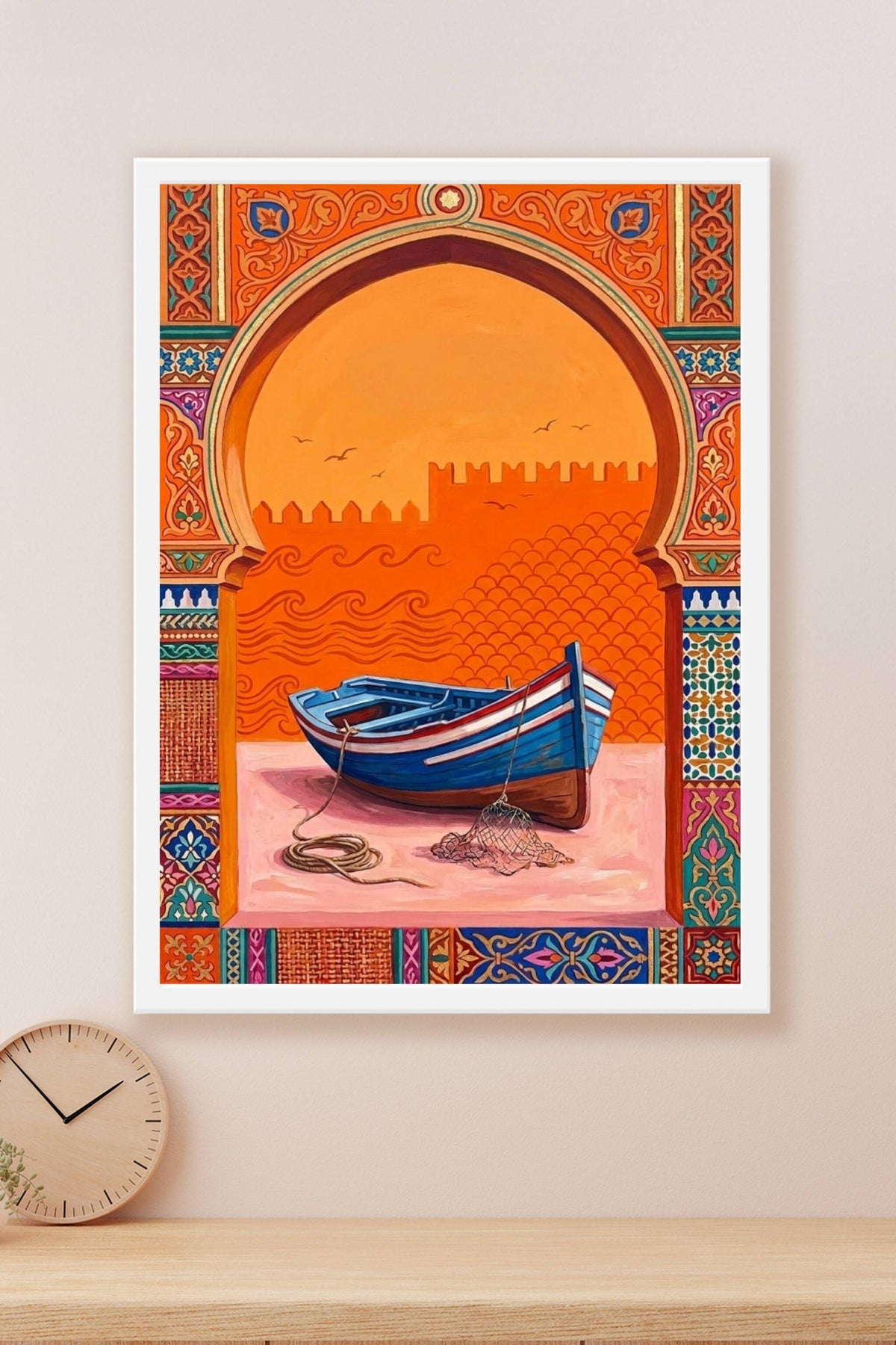 Affiche du Maroc, barque bleue et motifs géométriques