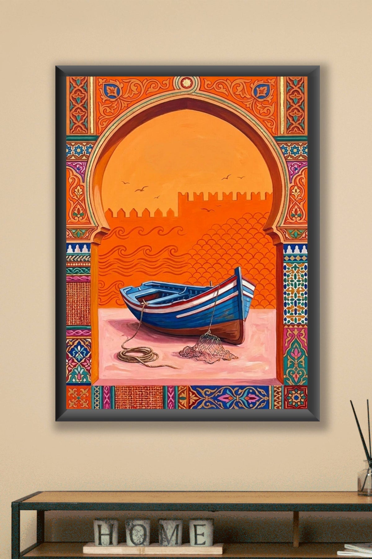 Affiche du Maroc, barque bleue et motifs géométriques