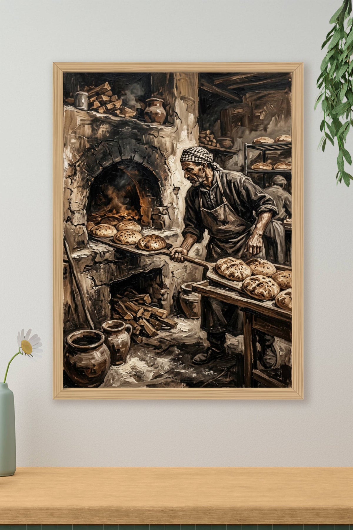 Poster boulanger marocain, four à bois traditionnel