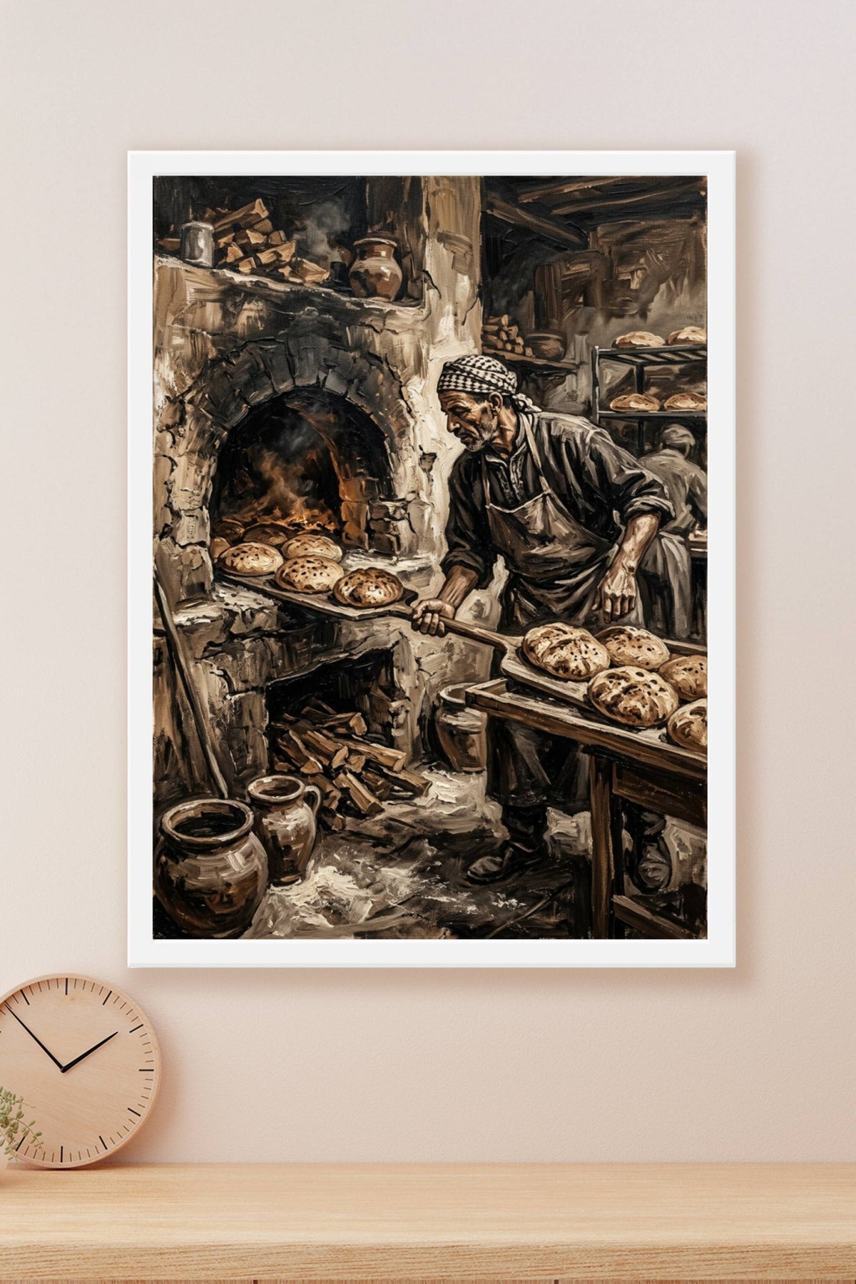 Poster boulanger marocain, four à bois traditionnel