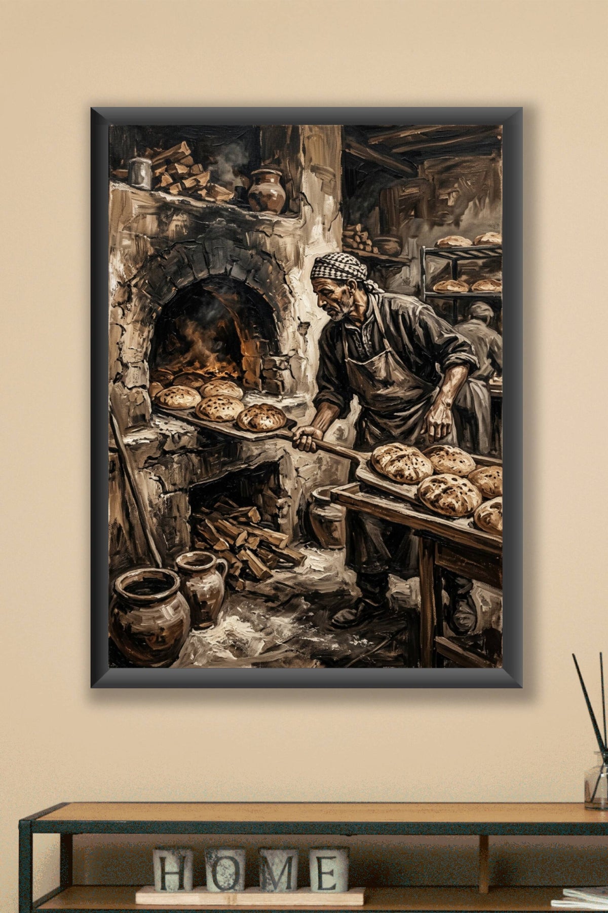 Poster boulanger marocain, four à bois traditionnel
