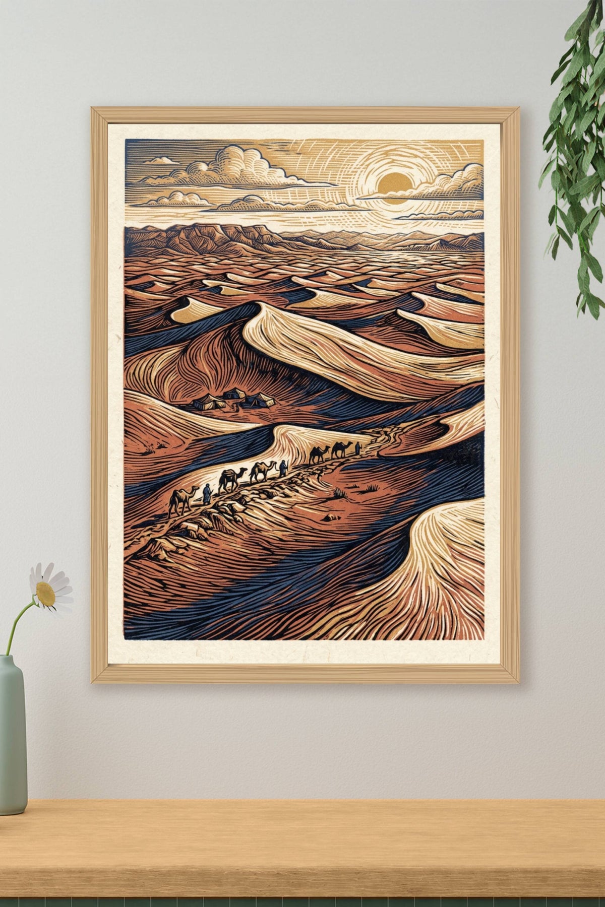 Poster du Désert Marocain, affiche caravane de chameaux