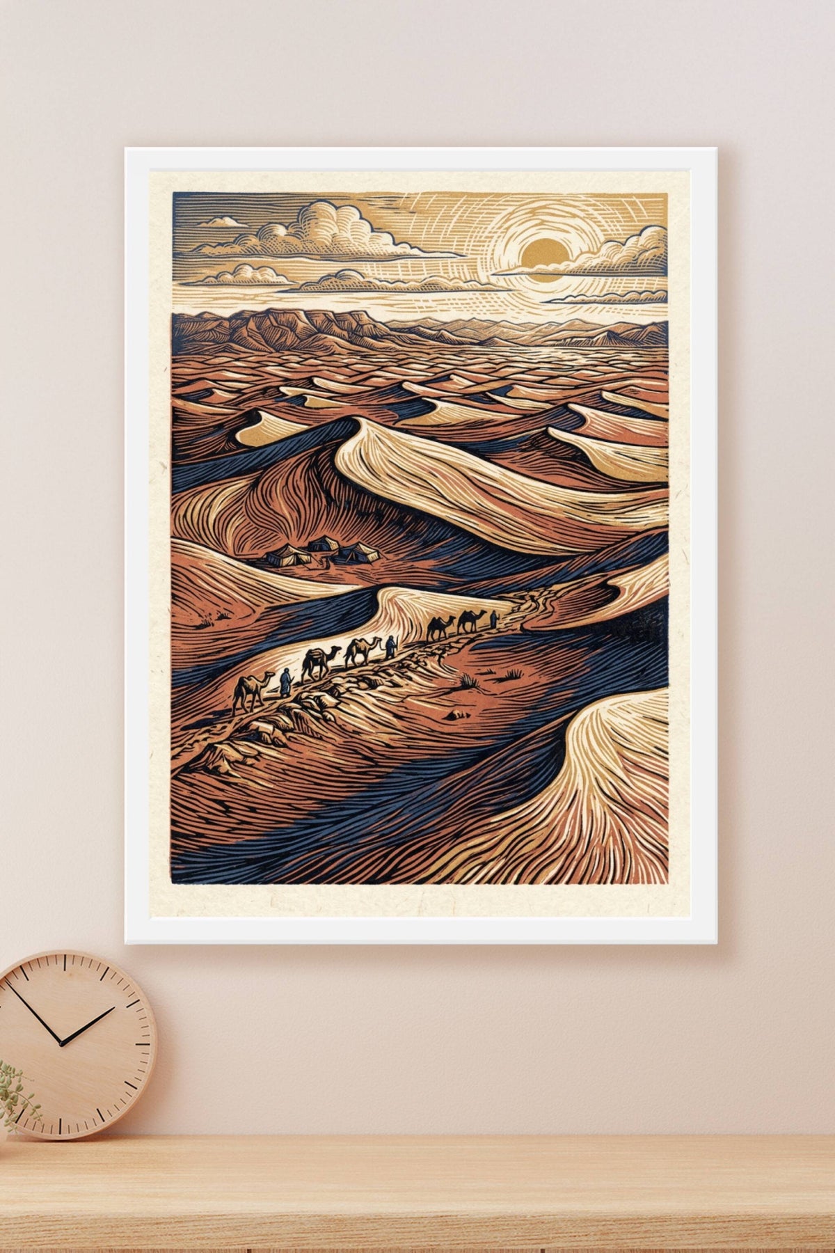 Poster du Désert Marocain, affiche caravane de chameaux
