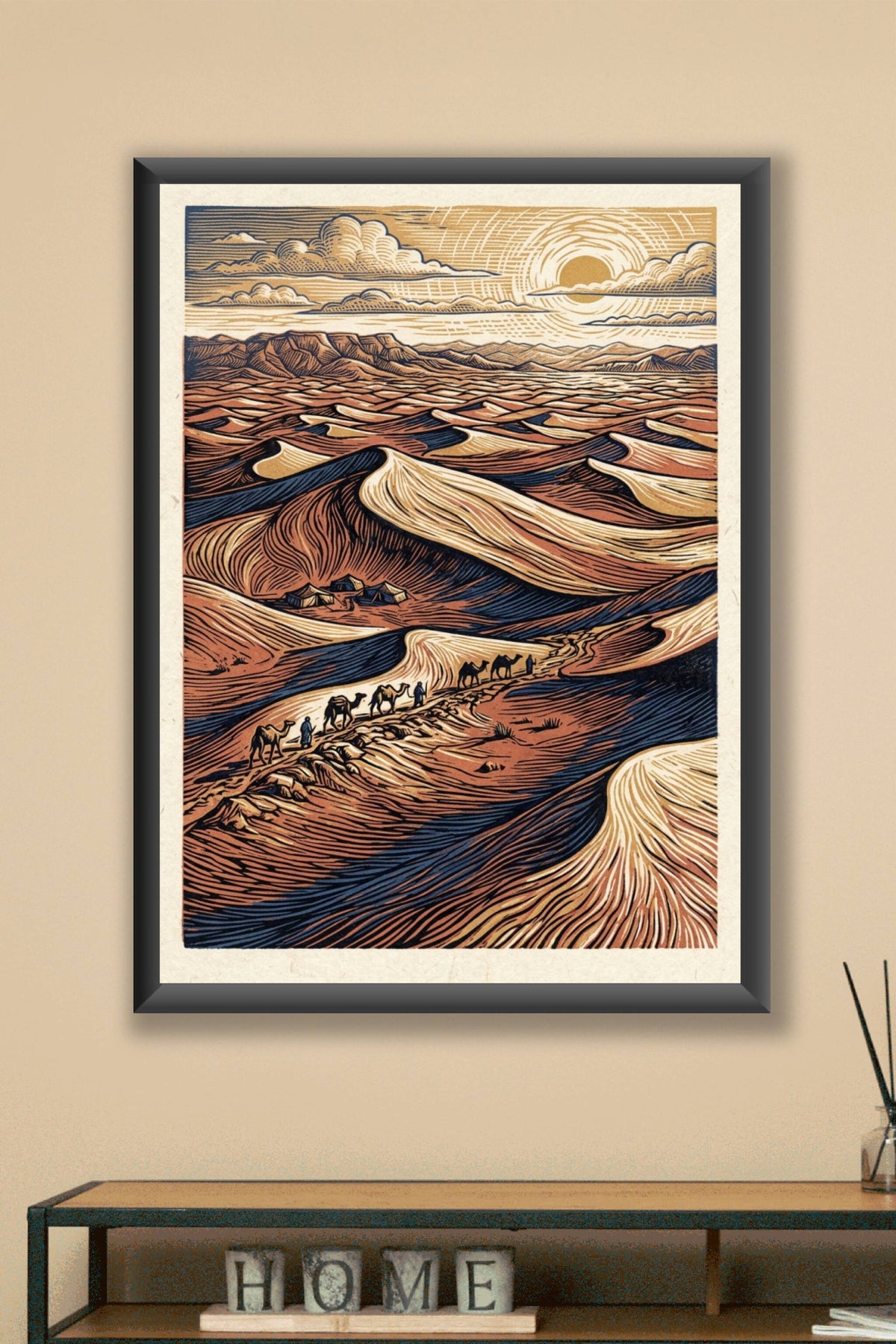 Poster du Désert Marocain, affiche caravane de chameaux