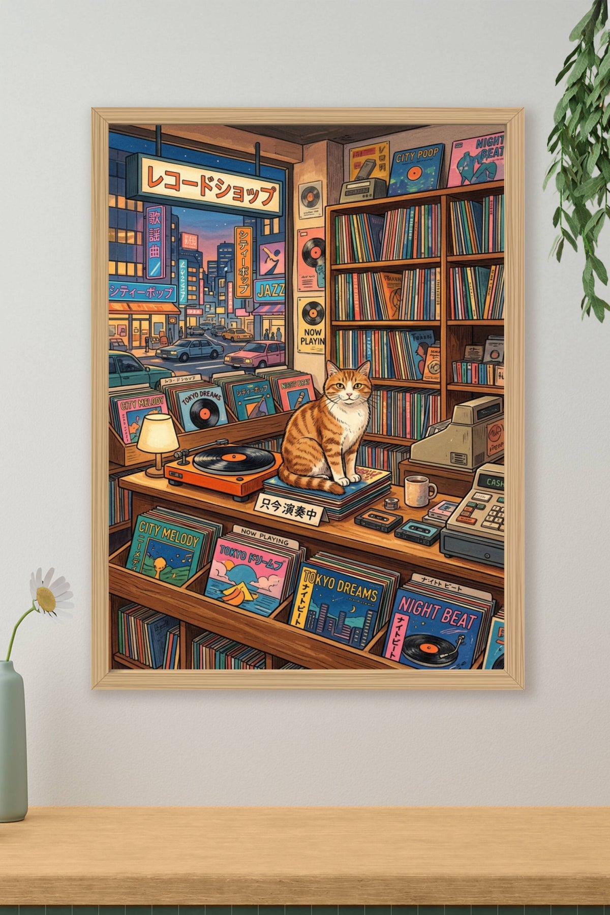 Poster Disquaire Japonais, décor vinyle et chat roux