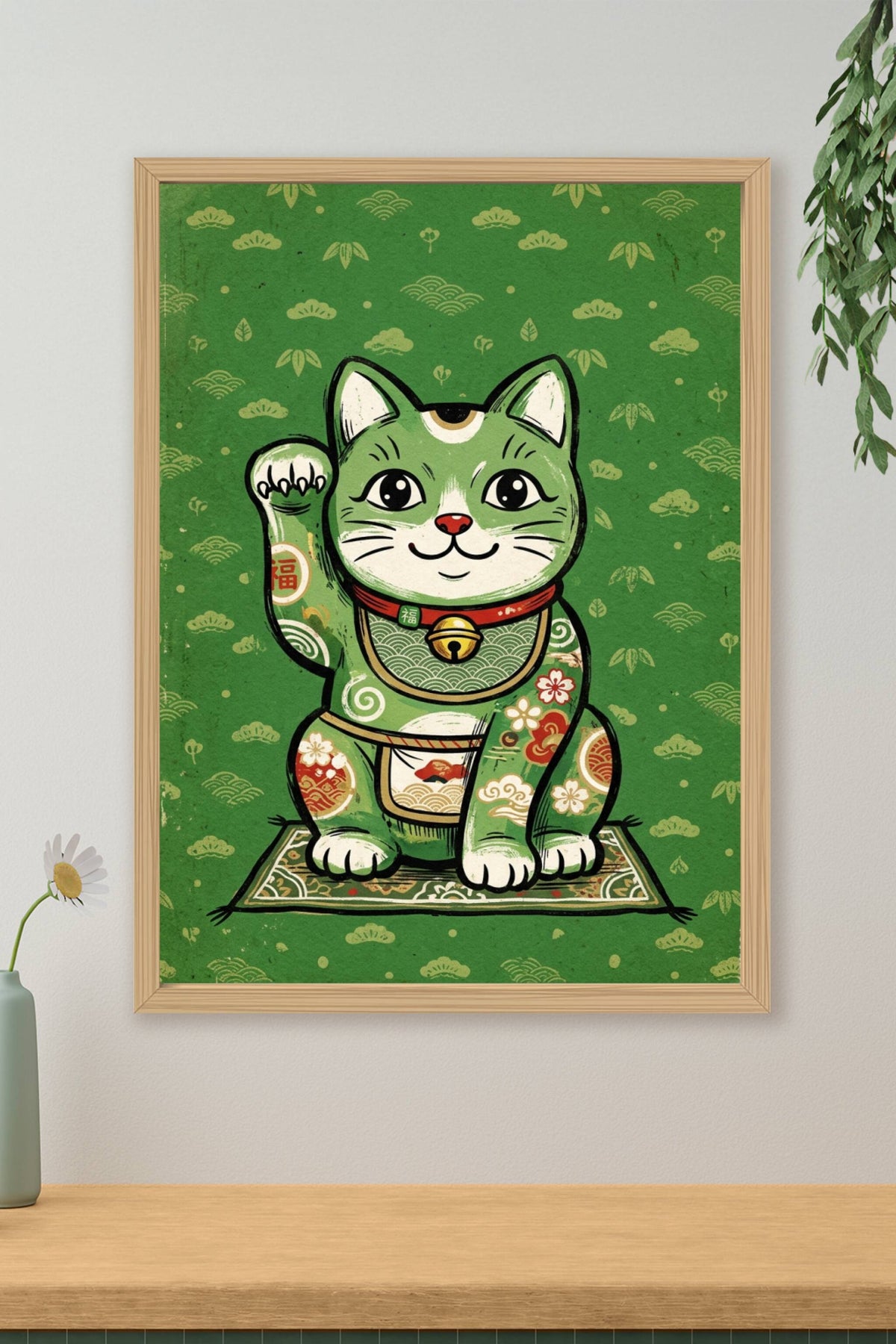 Poster Maneki-neko vert, affiche motifs japonais