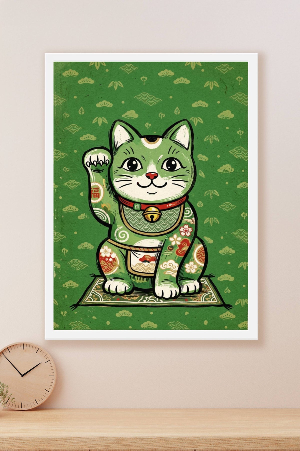 Poster Maneki-neko vert, affiche motifs japonais