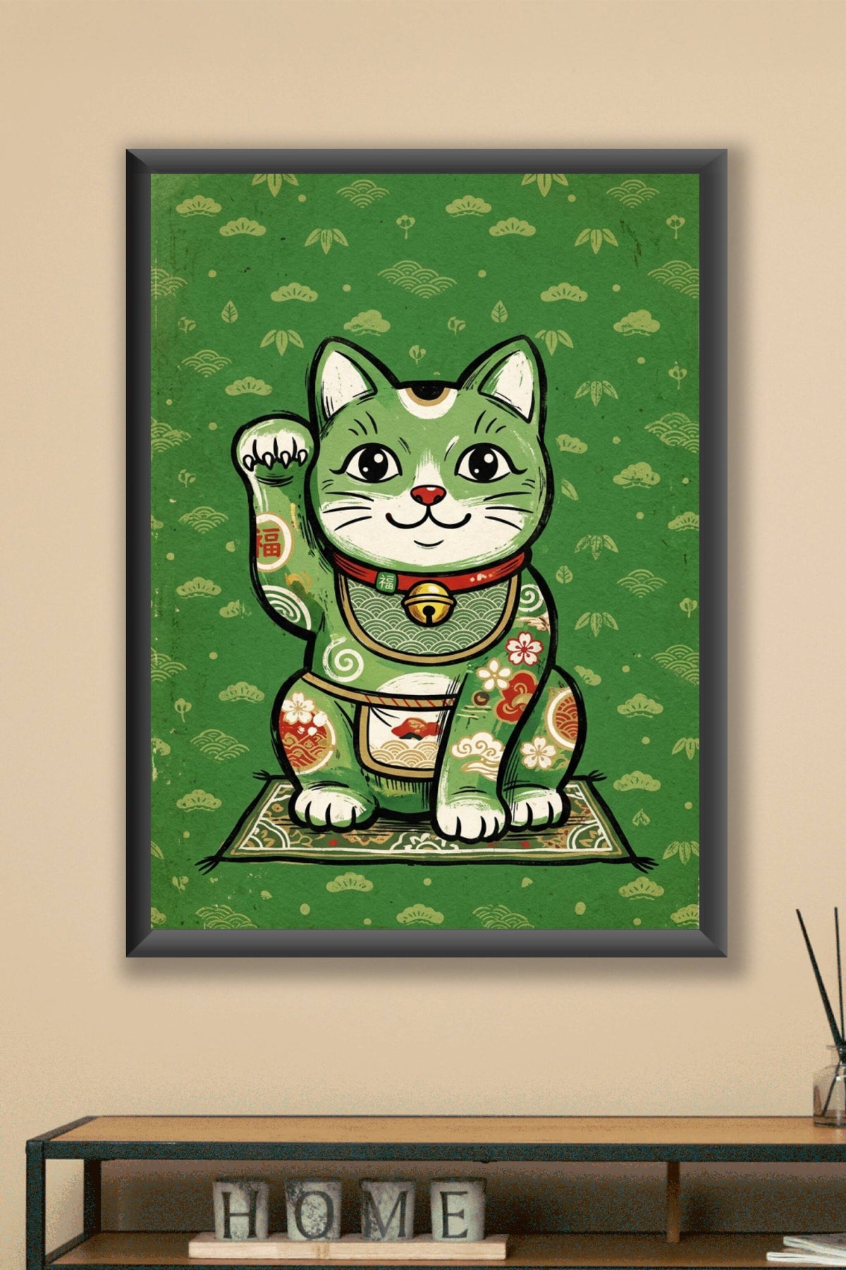 Poster Maneki-neko vert, affiche motifs japonais