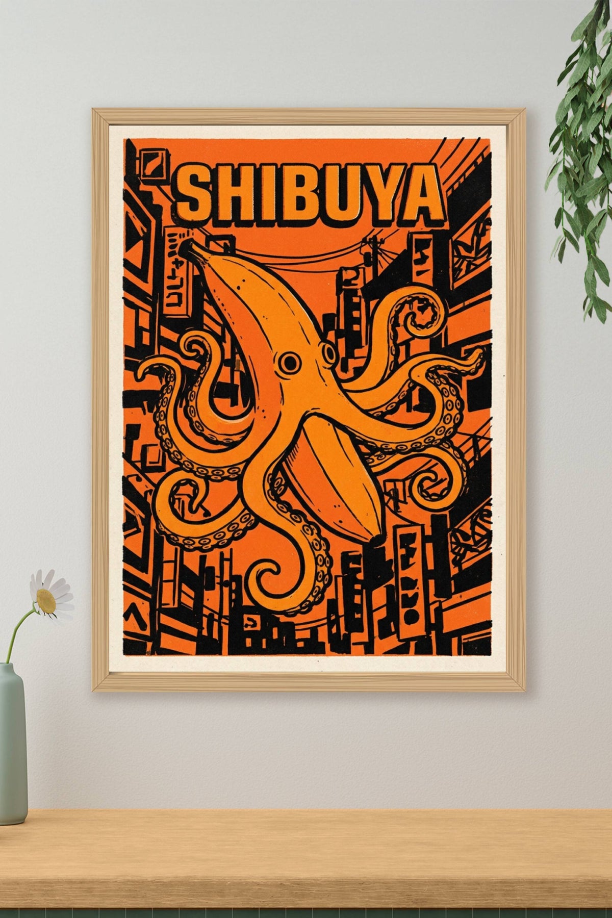 Poster de Shibuya, affiche pieuvre banane orange