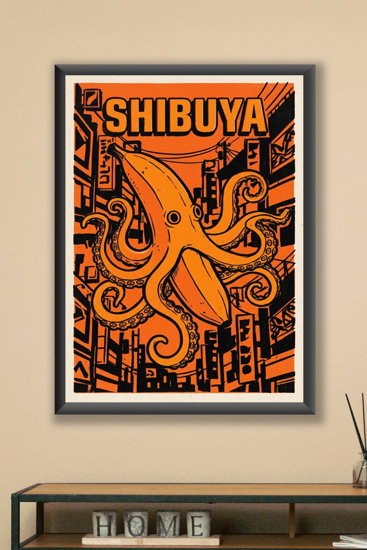 Poster de Shibuya, affiche pieuvre banane orange