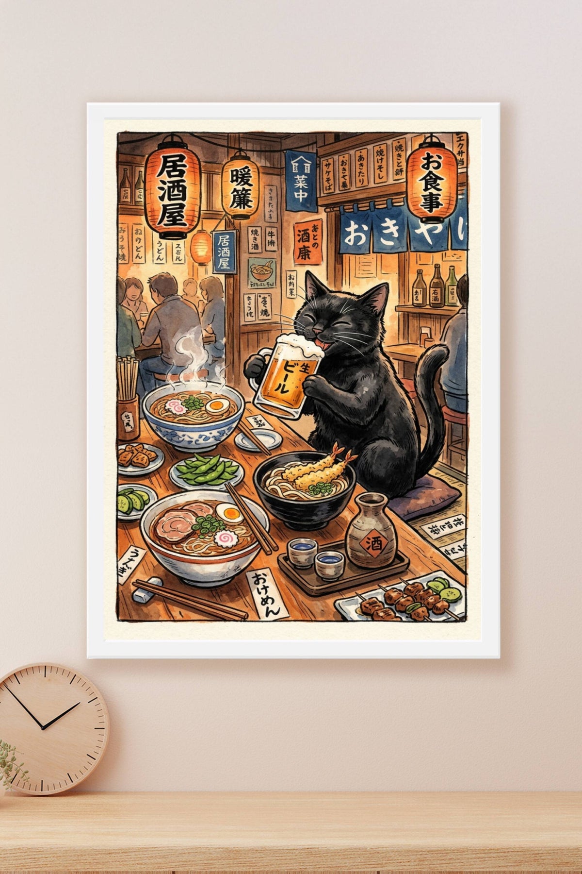 Poster Chat Izakaya, chat noir avec bière et ramen