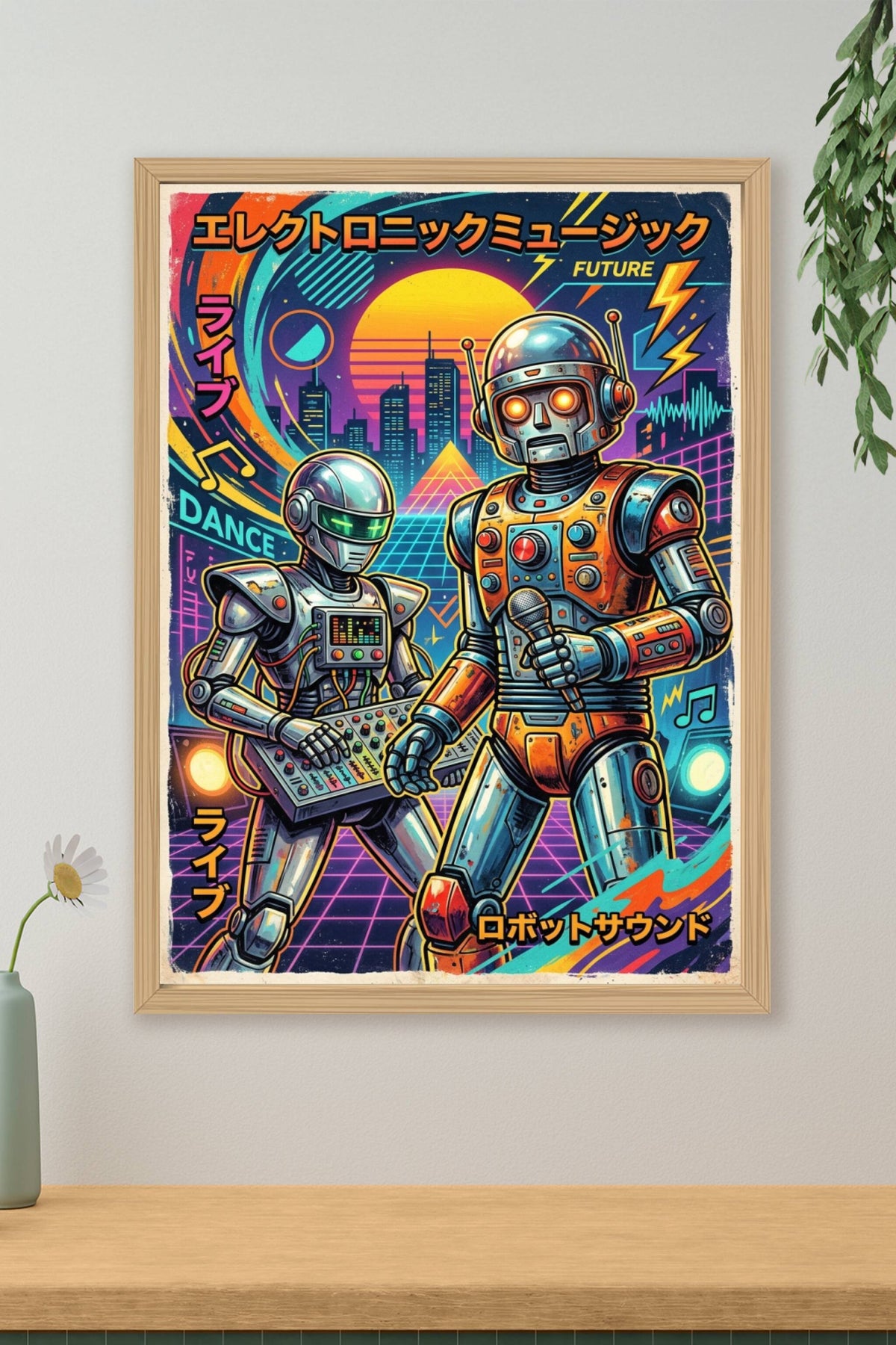 Affiche Robots rétro, poster synthwave et néon