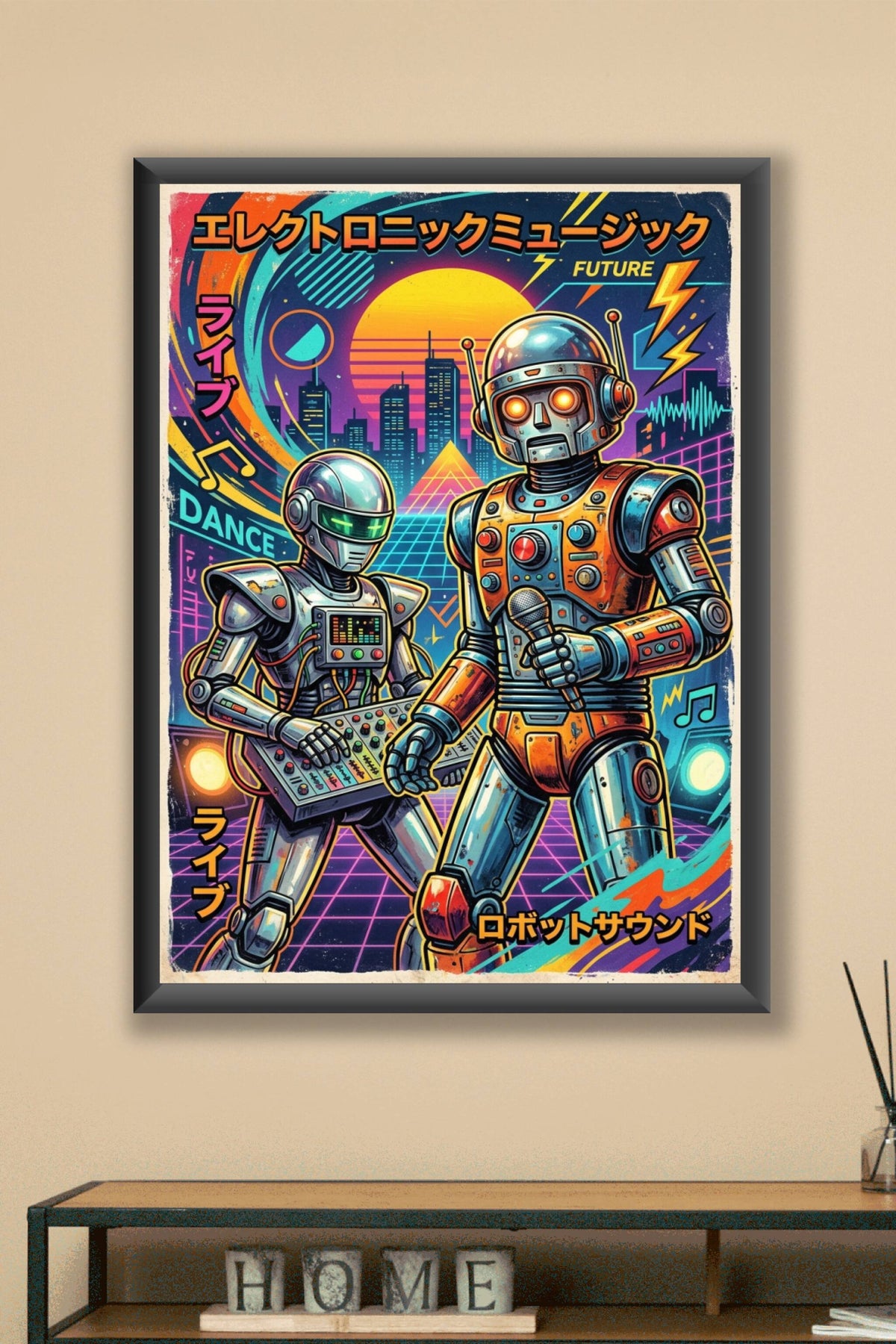 Affiche Robots rétro, poster synthwave et néon