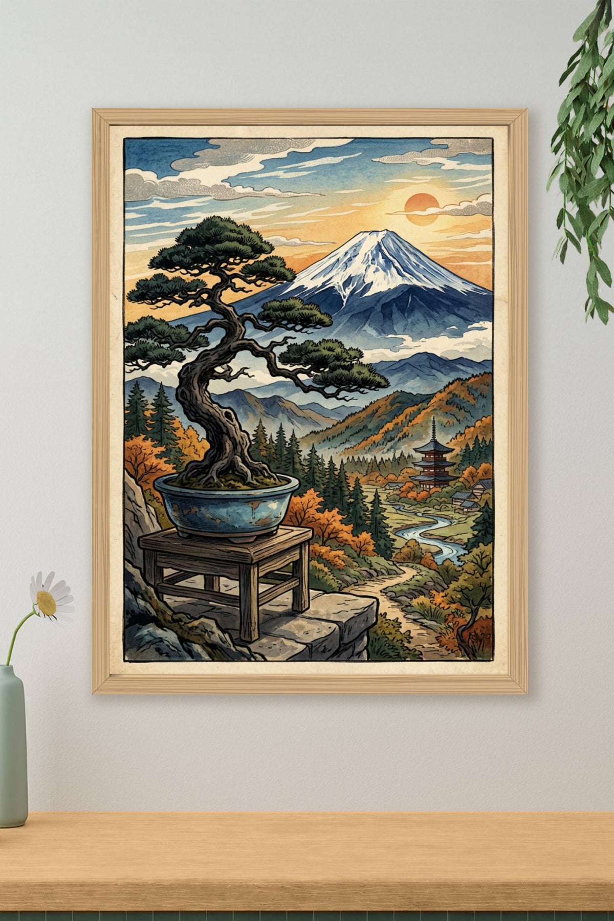 Poster Mont Fuji, affiche japonaise bonsaï et pagode