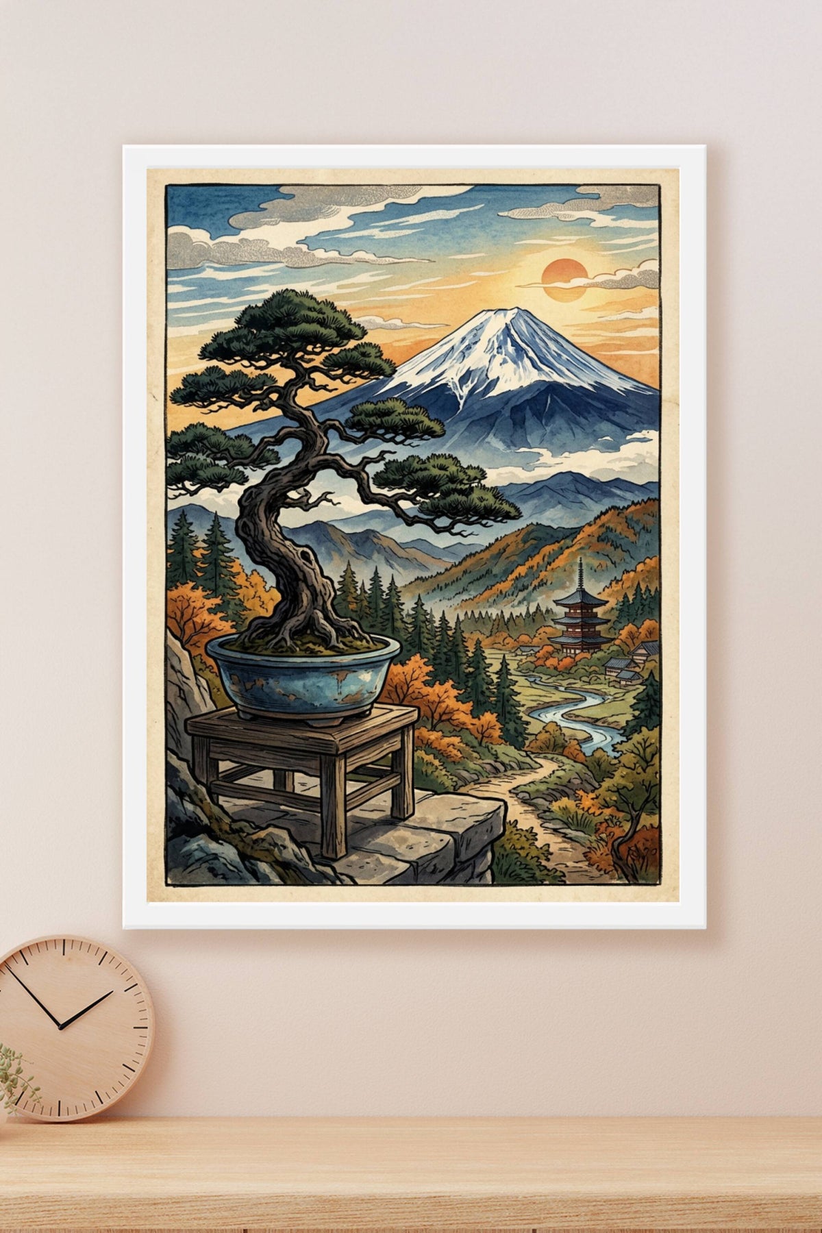 Poster Mont Fuji, affiche japonaise bonsaï et pagode