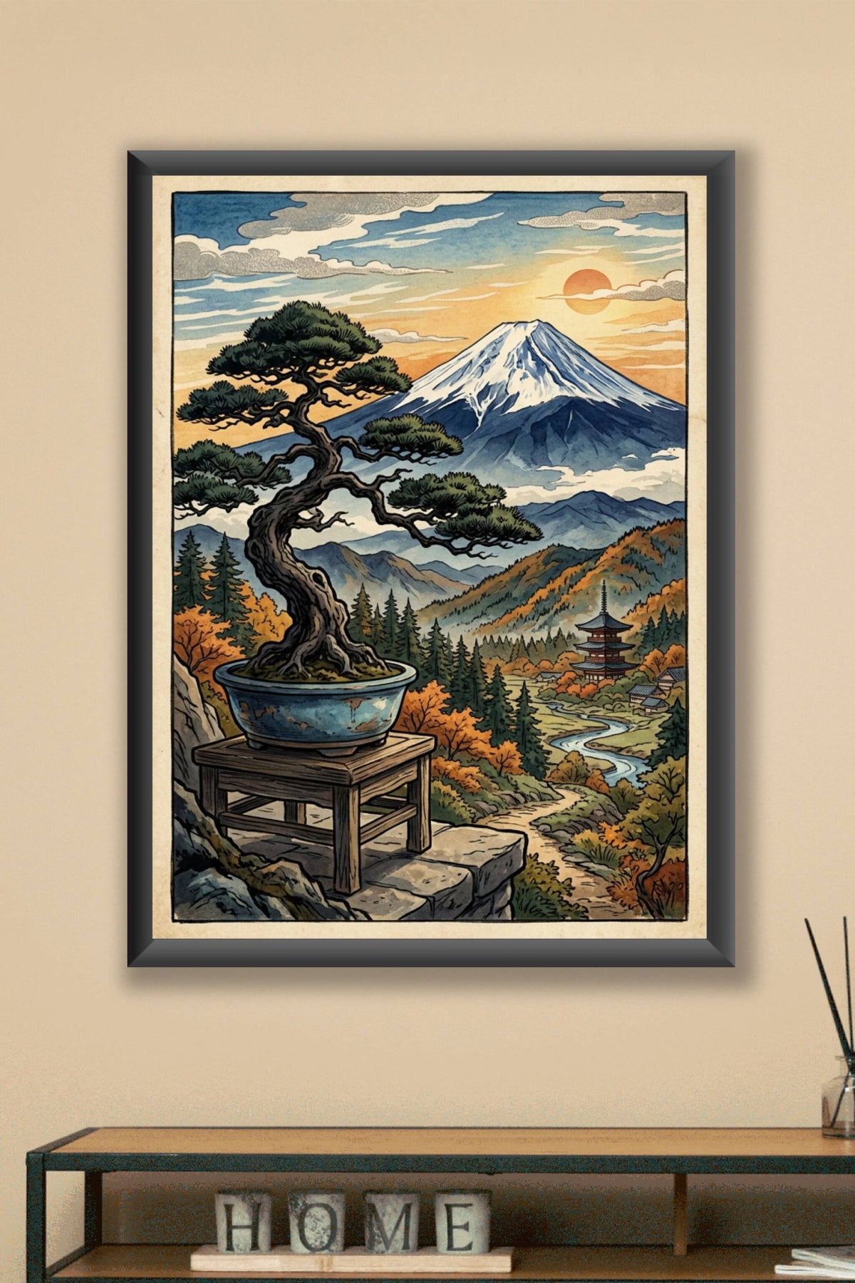 Poster Mont Fuji, affiche japonaise bonsaï et pagode
