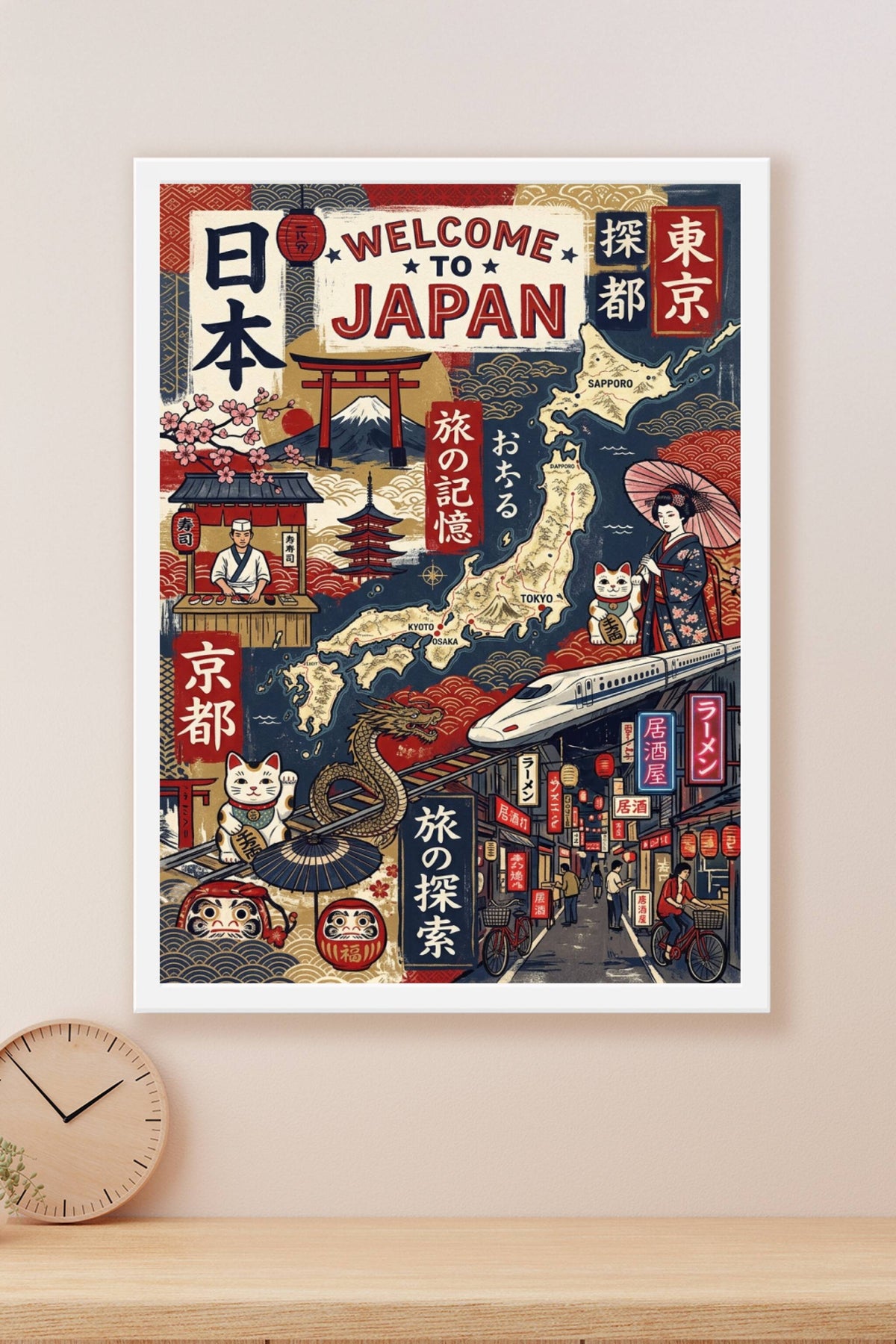 Poster du Japon vintage, carte et monuments nippons