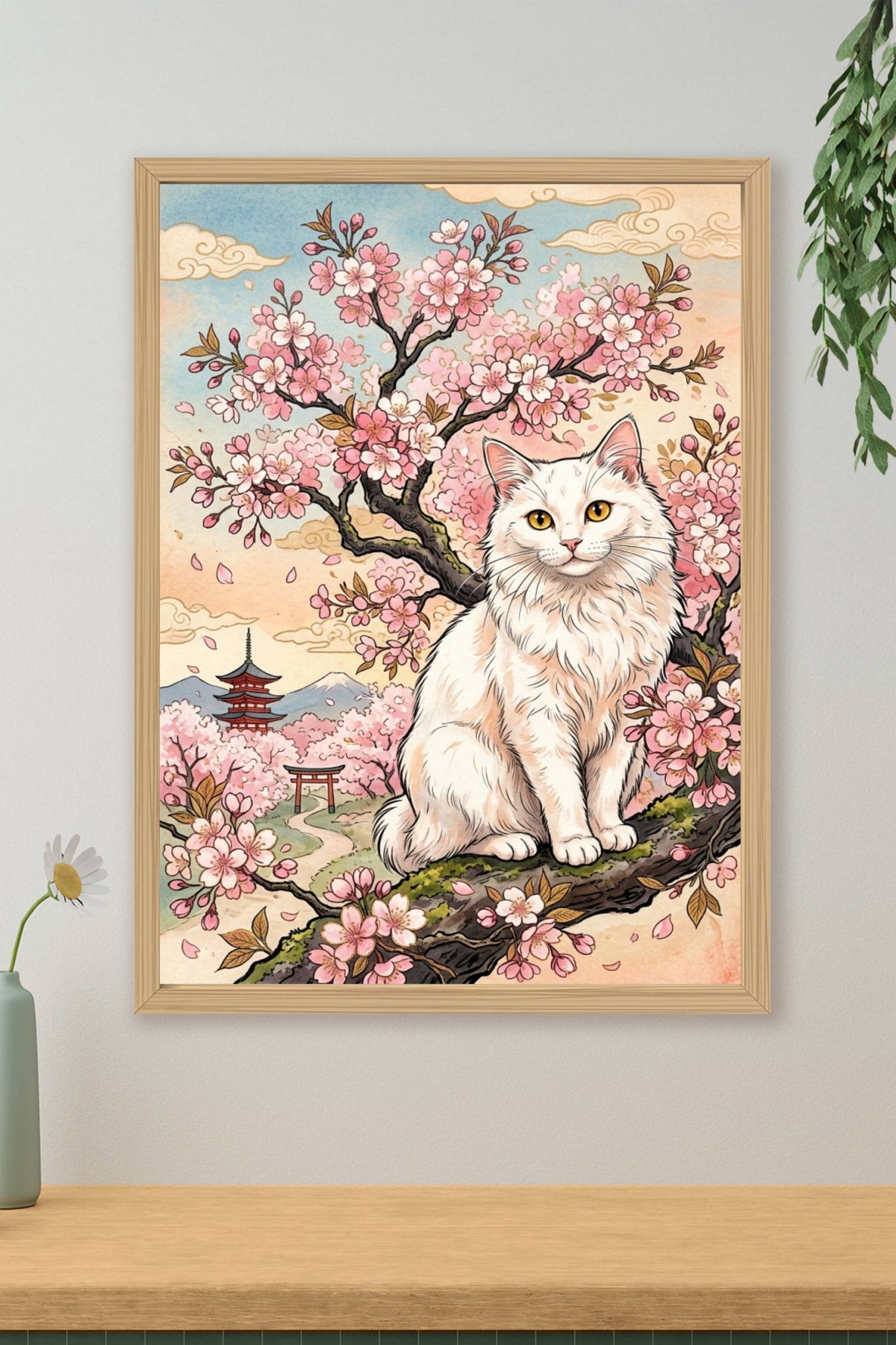 Affiche Chat au Japon, poster cerisiers fleurs sakura