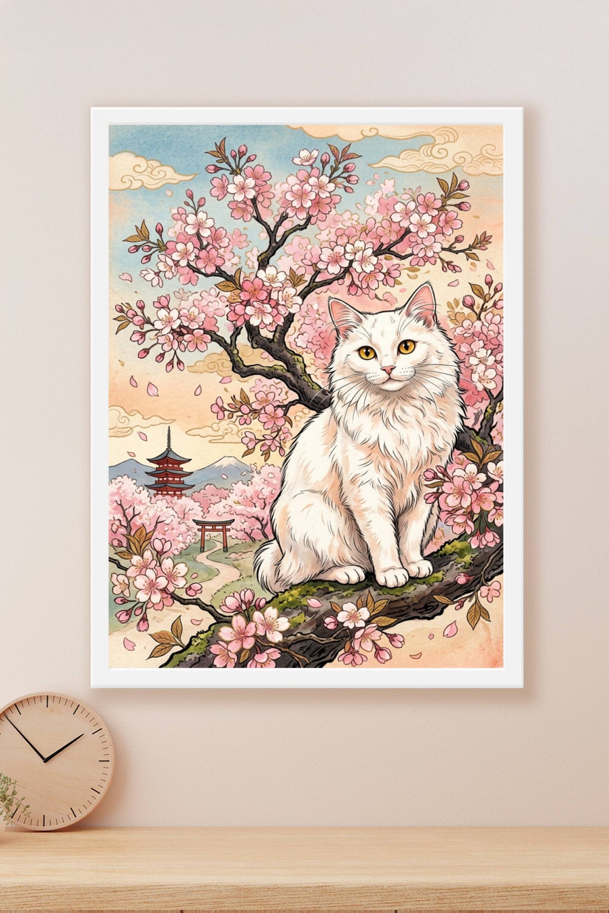 Affiche Chat au Japon, poster cerisiers fleurs sakura