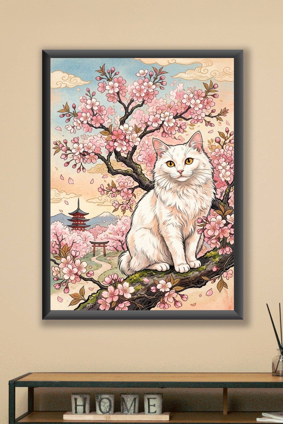 Affiche Chat au Japon, poster cerisiers fleurs sakura