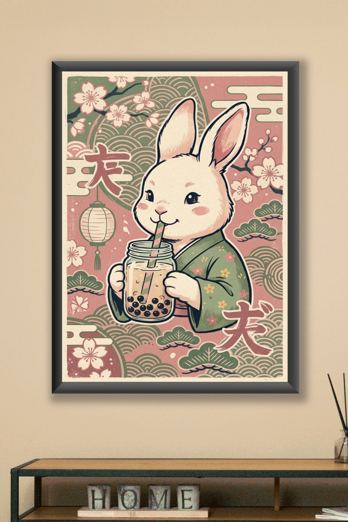 Affiche Lapin au Bubble Tea, poster style Japonais