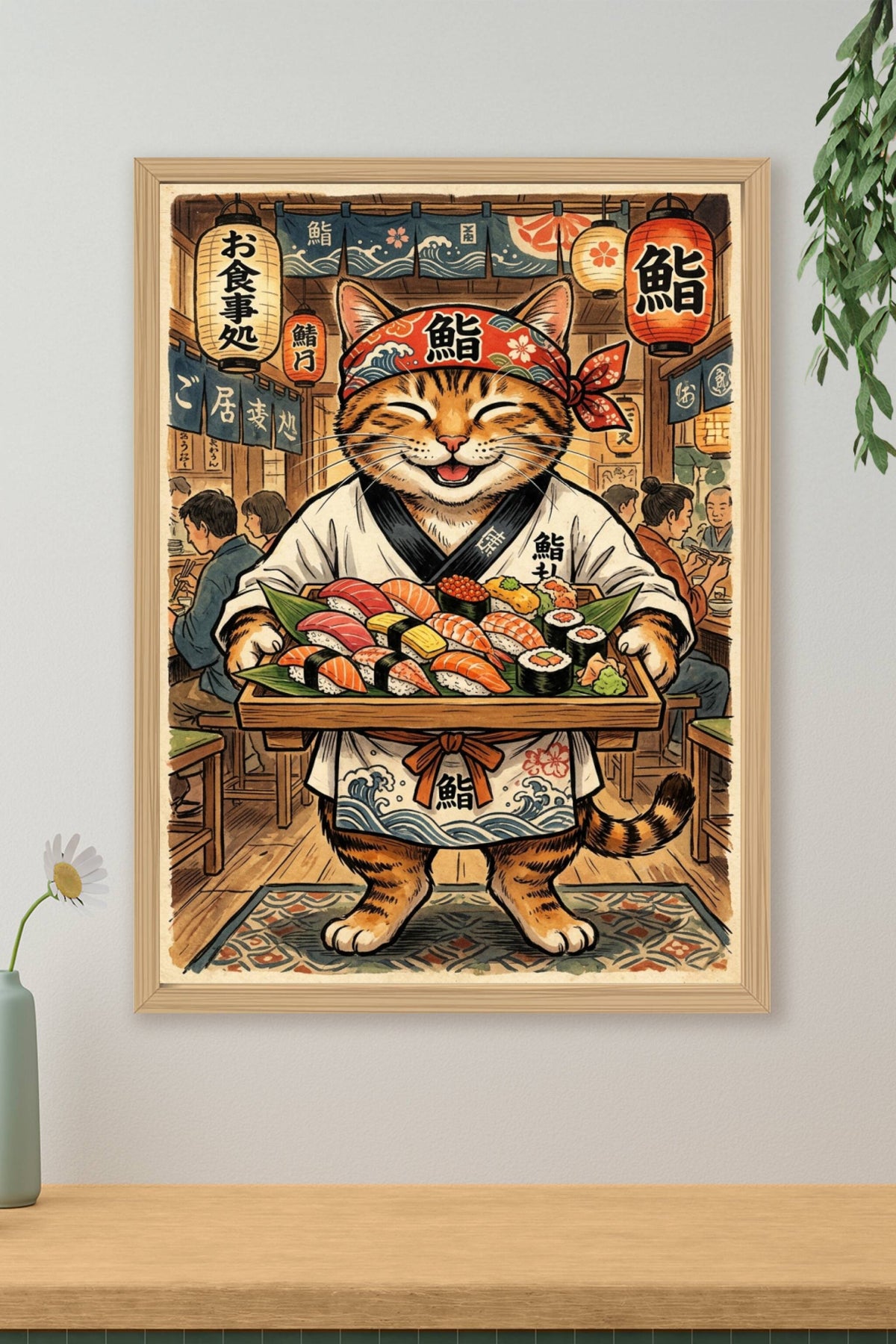 Poster Chat Sushi Japonais, affiche style vintage